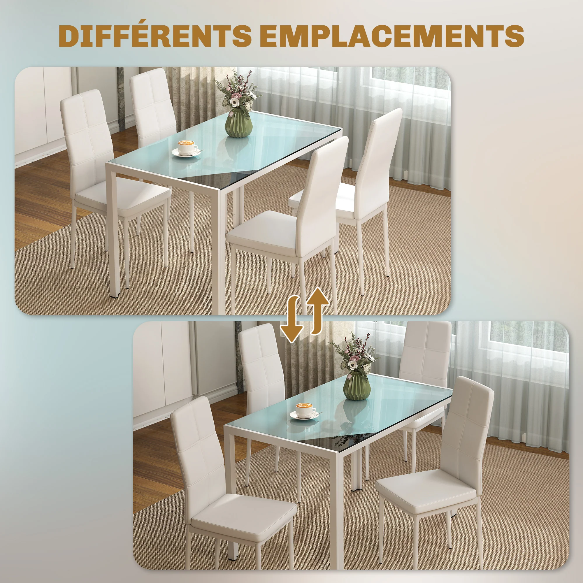 Ensemble table à manger et chaises pour 4 personnes, table de cuisine avec chaises, plateau rectangulaire en verre, structure en métal, pour cuisine salon maison, blanc - Image 9