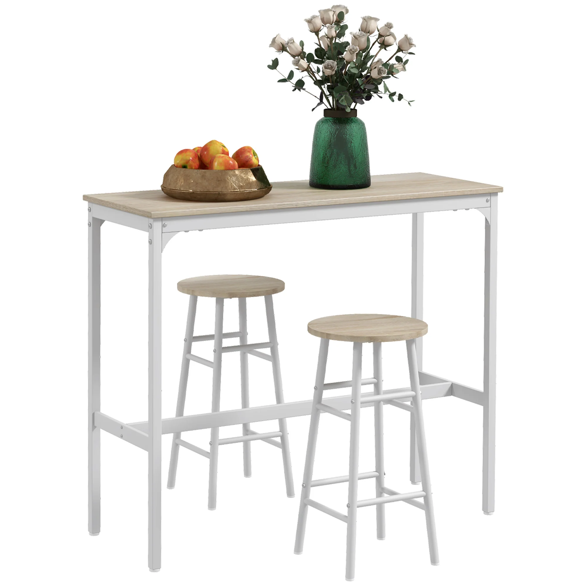 Ensemble table de bar bistrot + 2 tabourets avec repose-pieds table mange-debout structure en acier design industriel table haute de cuisine plateau aspect bois naturel blanc - Image 11