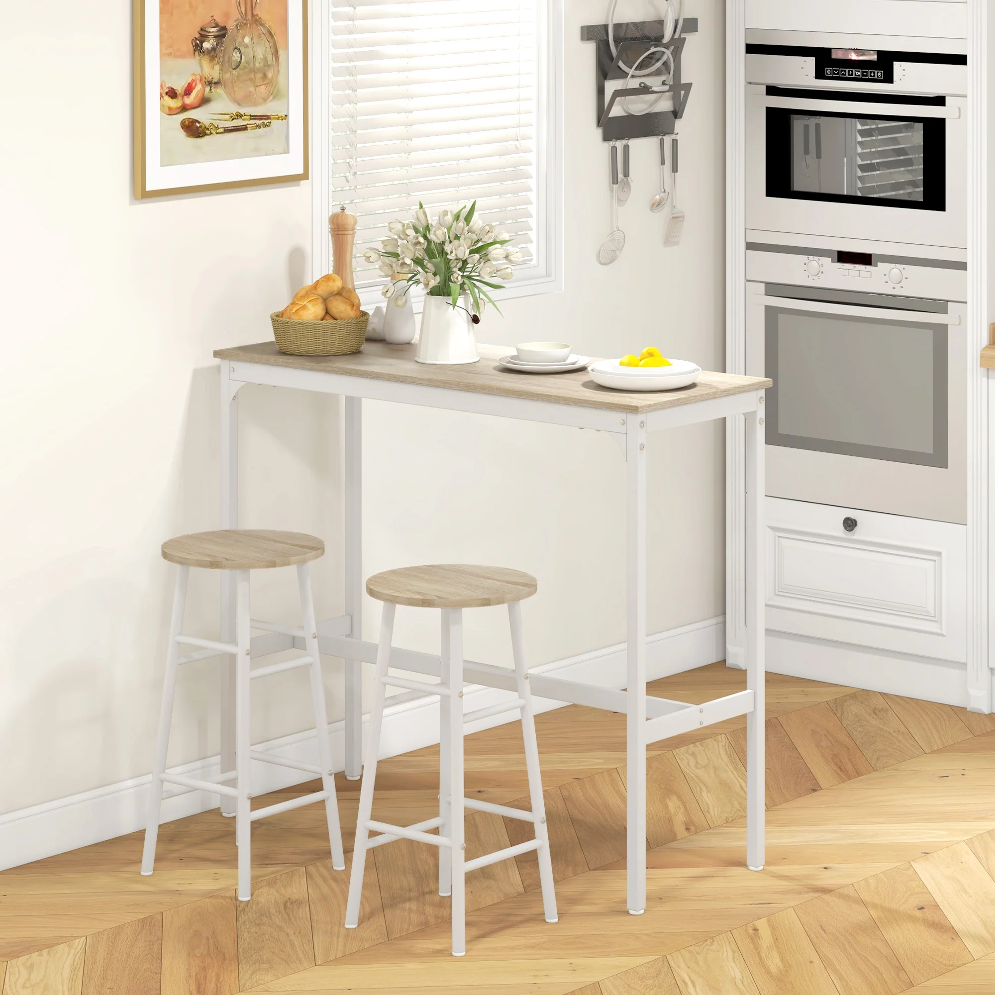 Ensemble table de bar bistrot + 2 tabourets avec repose-pieds table mange-debout structure en acier design industriel table haute de cuisine plateau aspect bois naturel blanc - Image 3
