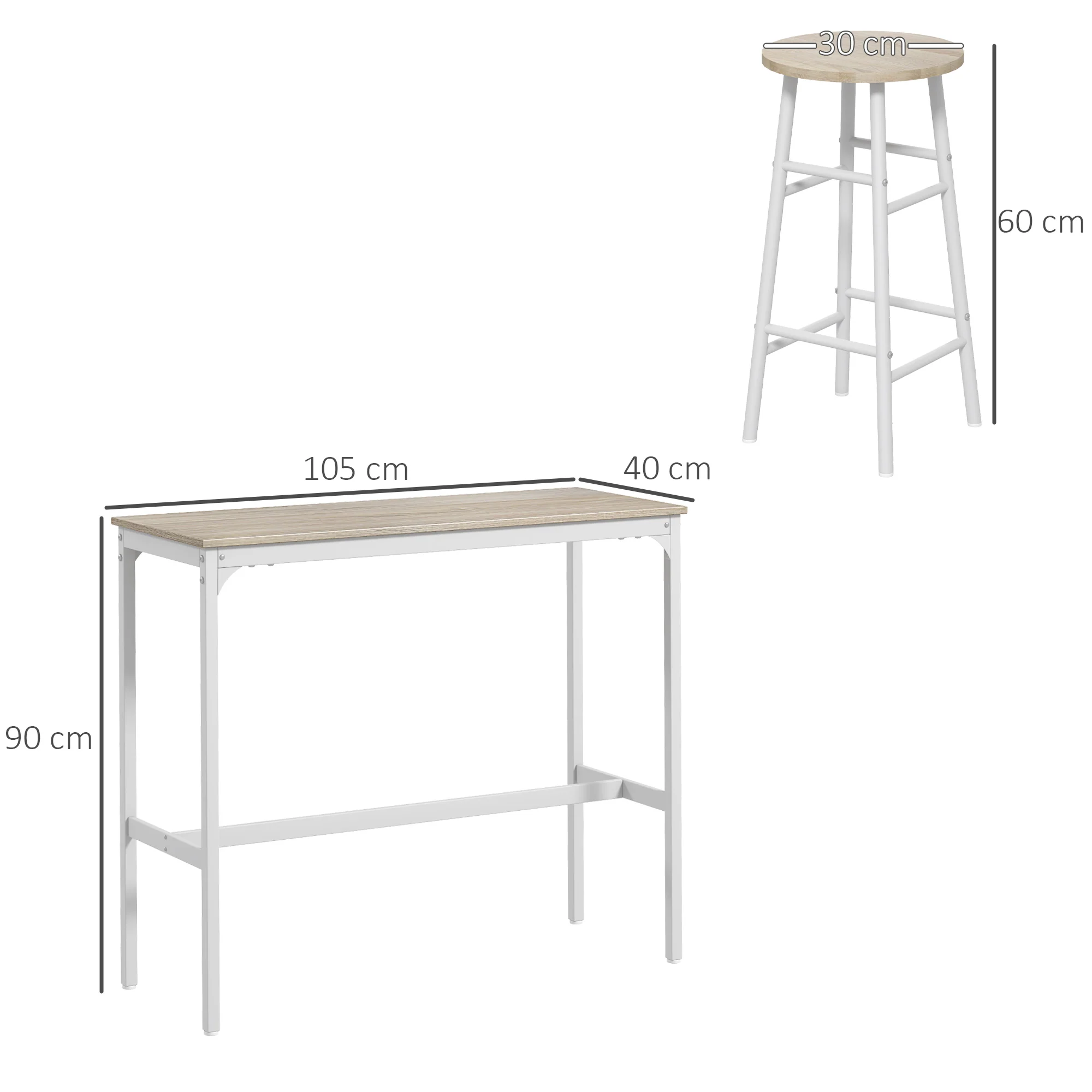 Ensemble table de bar bistrot + 2 tabourets avec repose-pieds table mange-debout structure en acier design industriel table haute de cuisine plateau aspect bois naturel blanc - Image 4