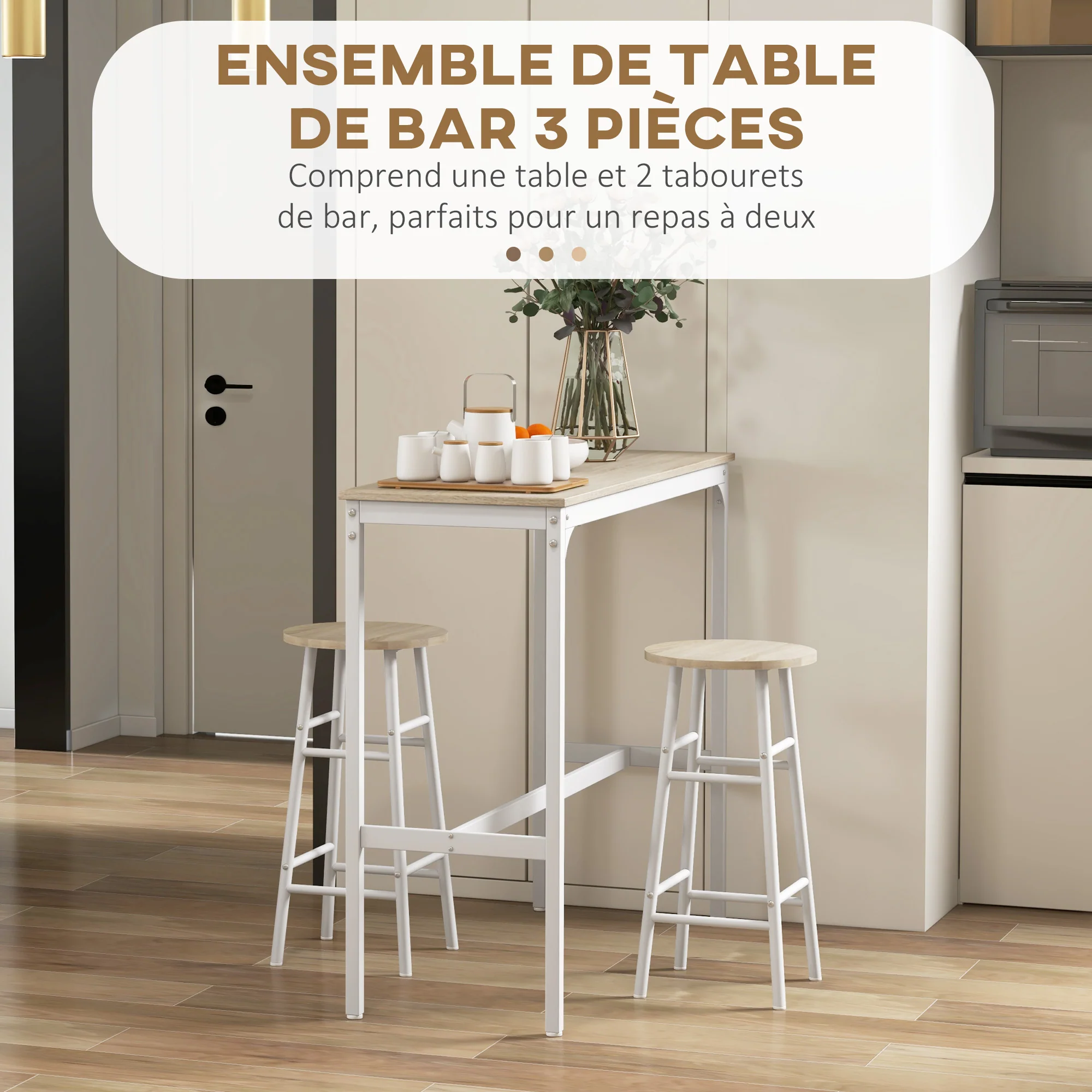 Ensemble table de bar bistrot + 2 tabourets avec repose-pieds table mange-debout structure en acier design industriel table haute de cuisine plateau aspect bois naturel blanc - Image 5