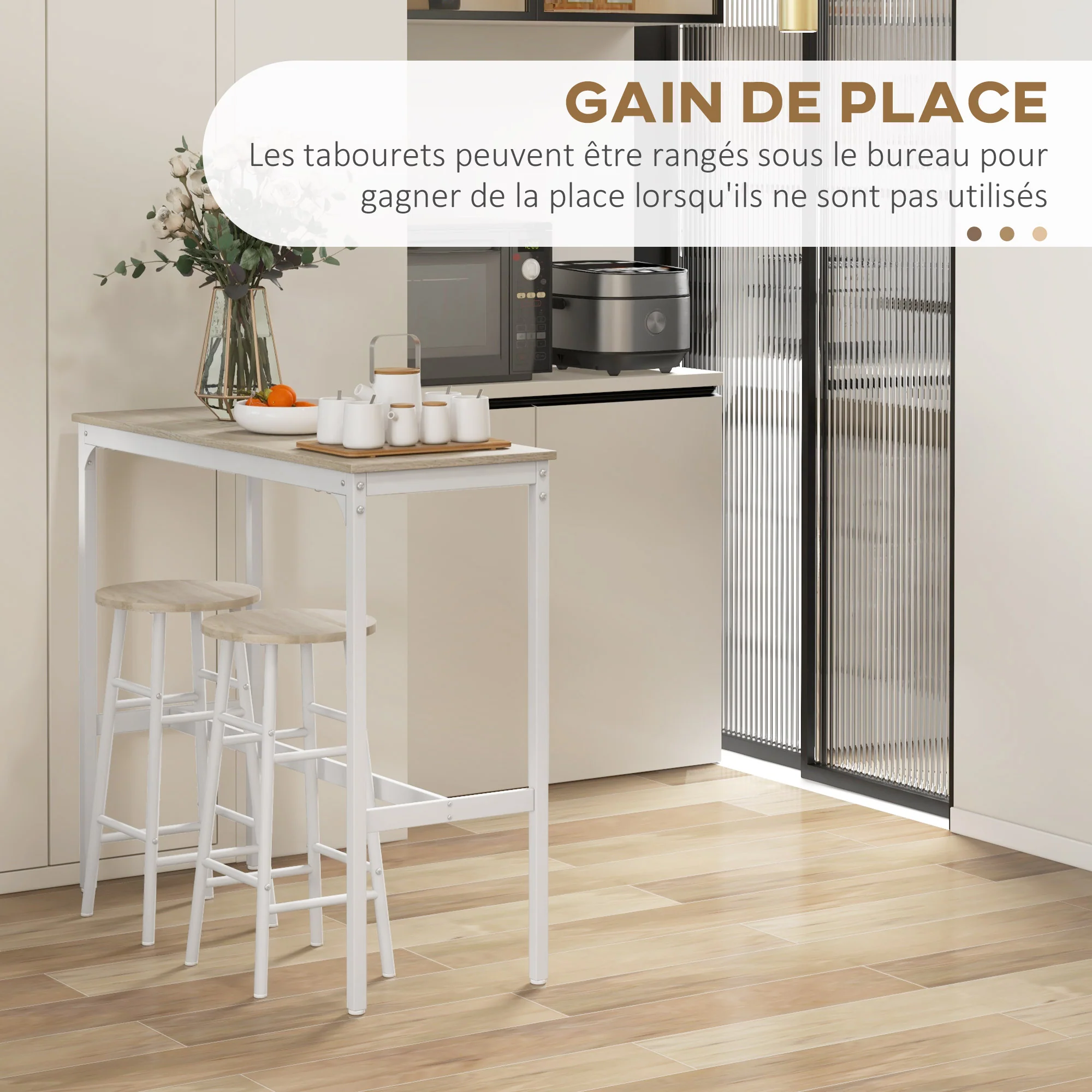 Ensemble table de bar bistrot + 2 tabourets avec repose-pieds table mange-debout structure en acier design industriel table haute de cuisine plateau aspect bois naturel blanc - Image 6
