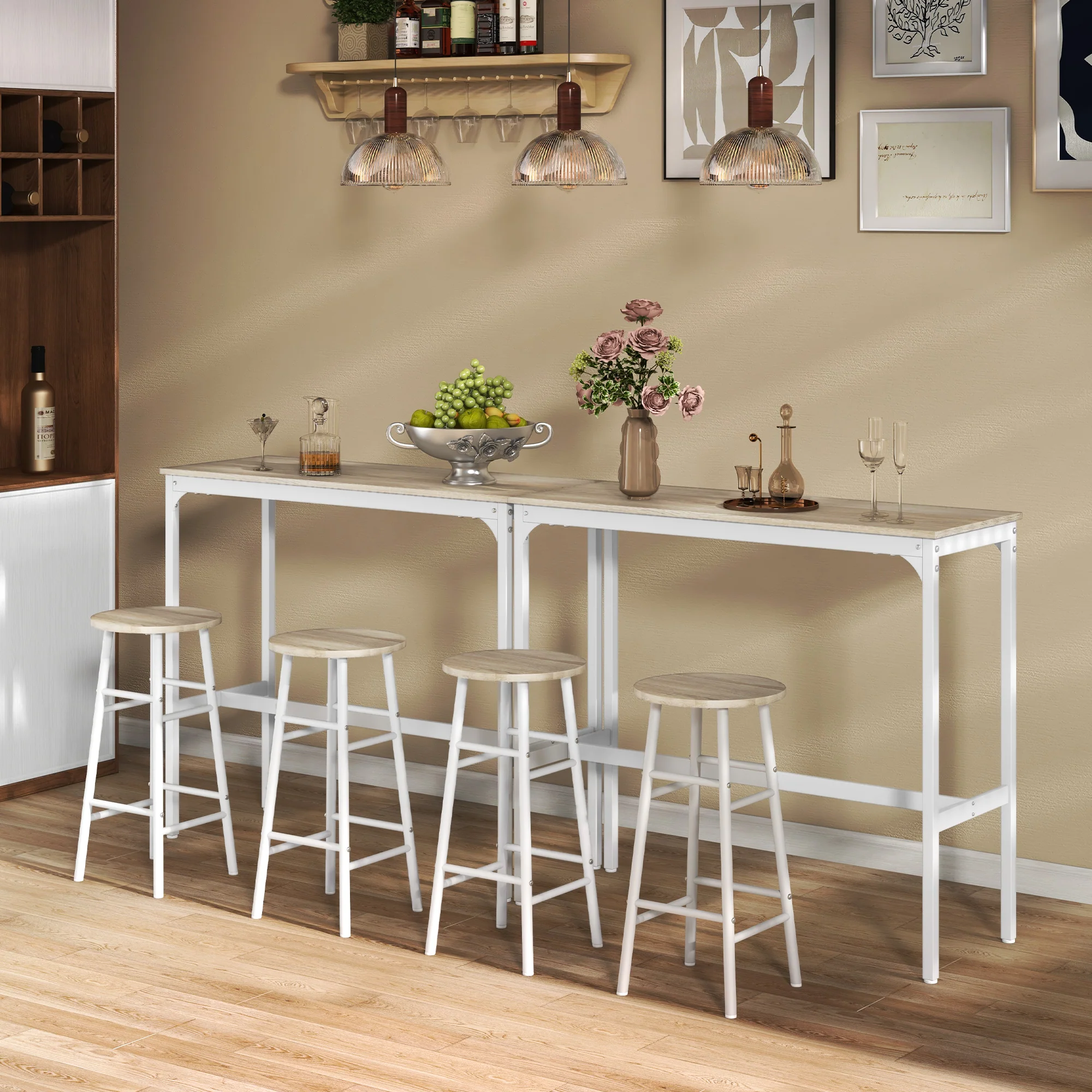 Ensemble table de bar bistrot + 2 tabourets avec repose-pieds table mange-debout structure en acier design industriel table haute de cuisine plateau aspect bois naturel blanc - Image 8