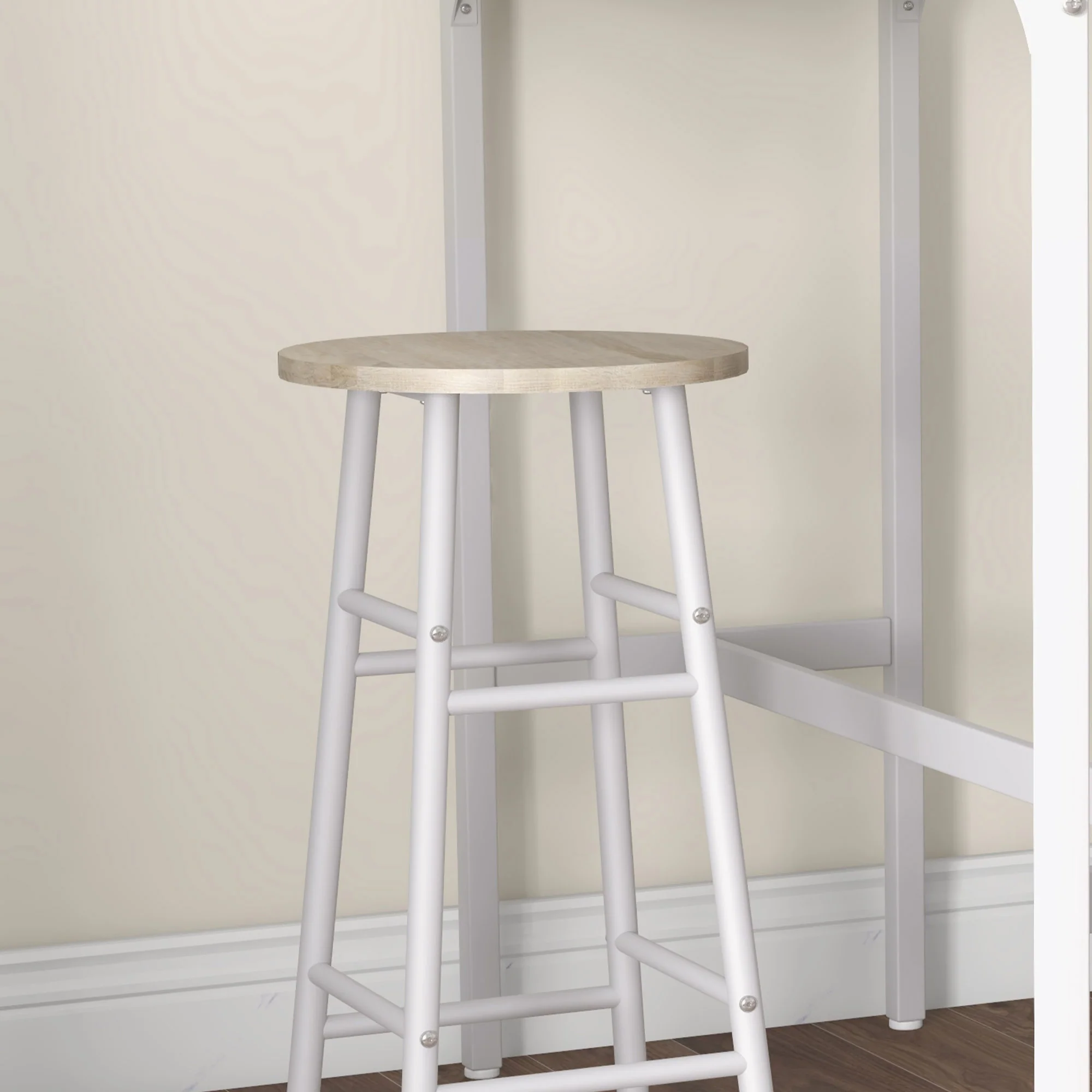 Ensemble table de bar bistrot + 2 tabourets avec repose-pieds table mange-debout structure en acier design industriel table haute de cuisine plateau aspect bois naturel blanc - Image 9