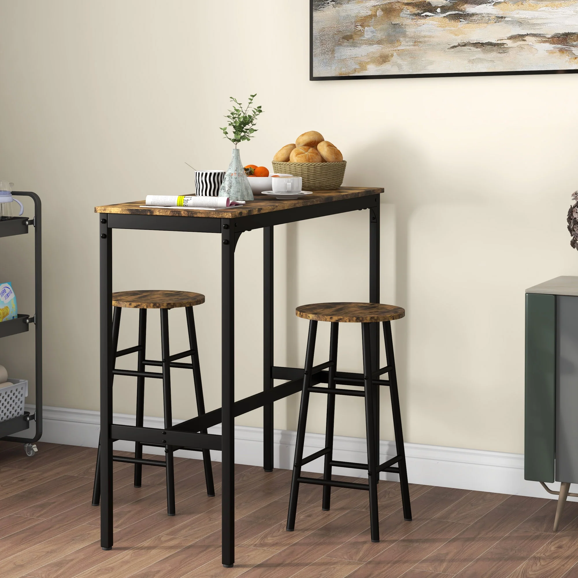 Ensemble table de bar bistrot + 2 tabourets avec repose-pieds table mange-debout structure en acier design industriel table haute de cuisine plateau aspect brun rustique noir - Image 3