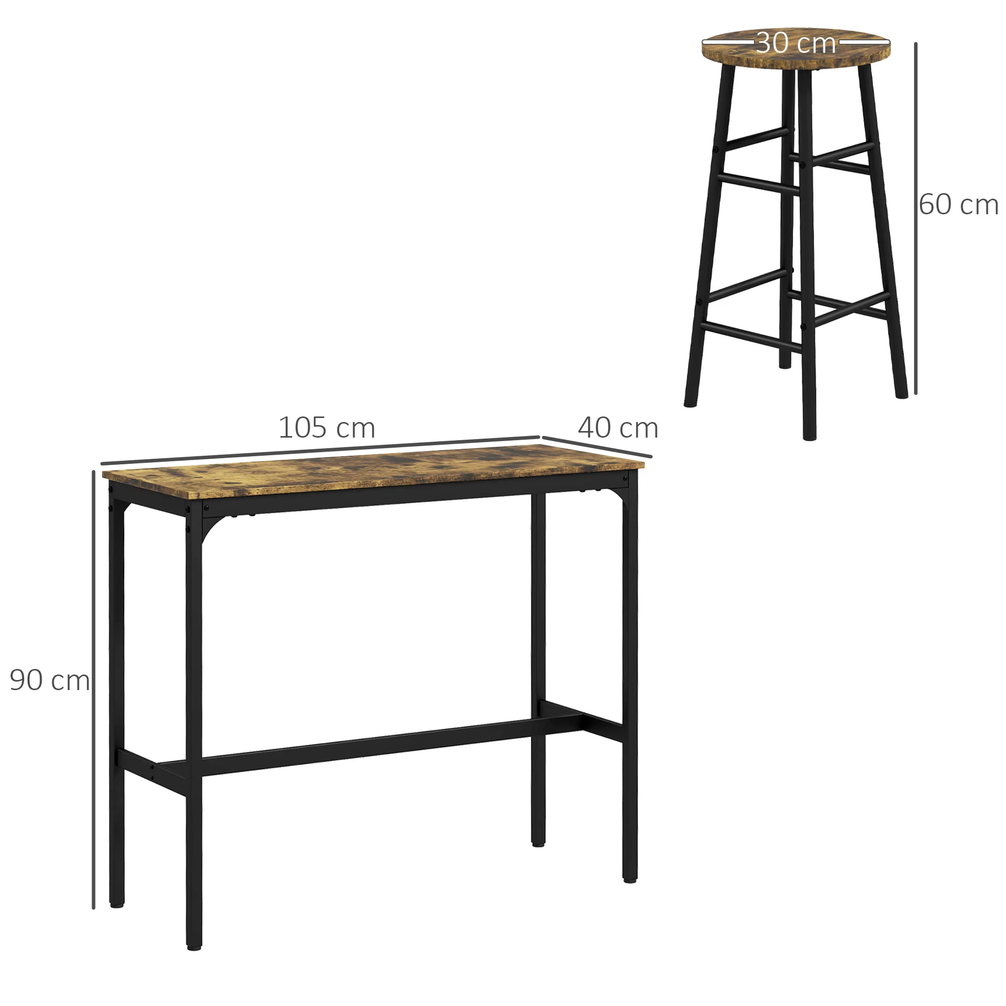 Ensemble table de bar bistrot + 2 tabourets avec repose-pieds table mange-debout structure en acier design industriel table haute de cuisine plateau aspect brun rustique noir - Image 4