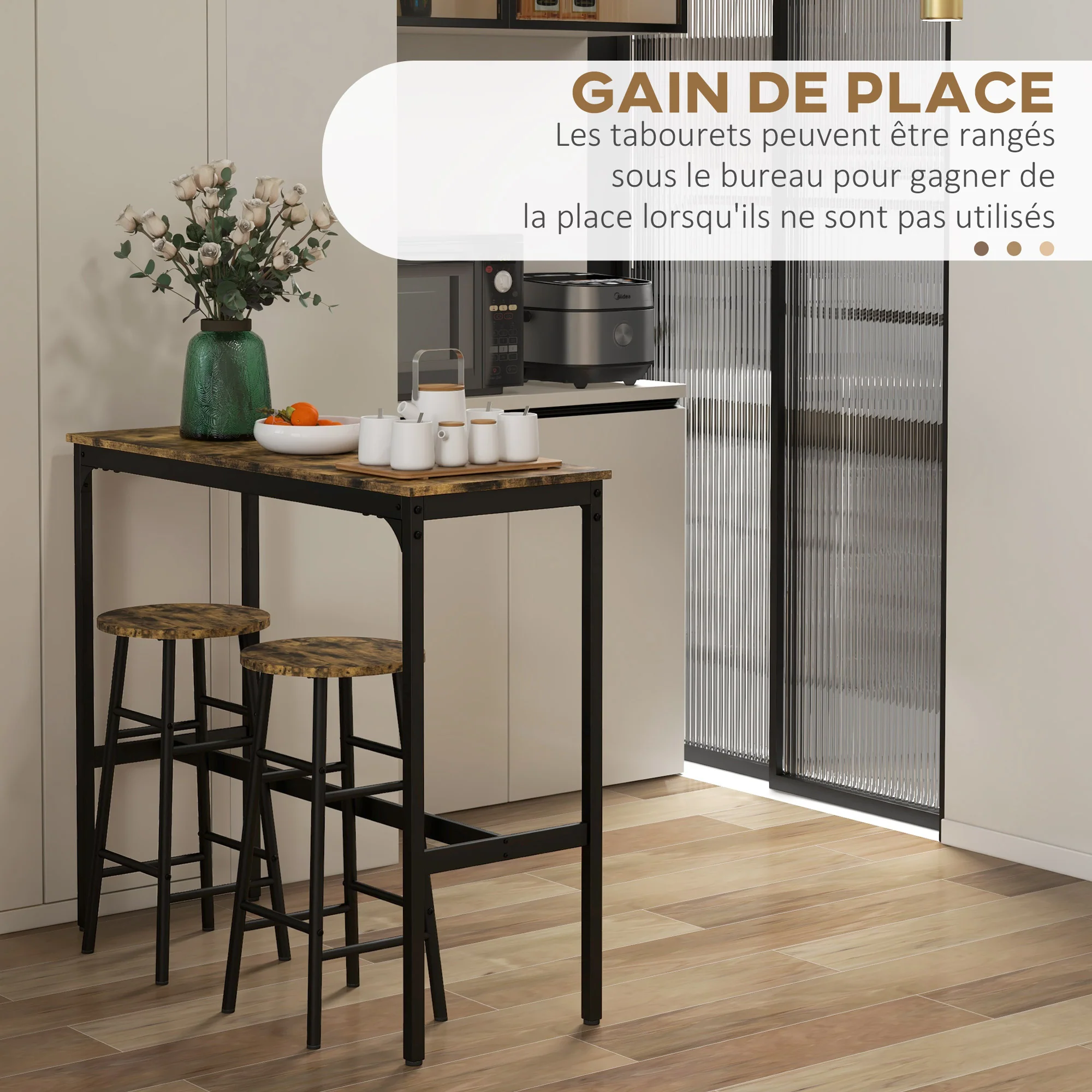 Ensemble table de bar bistrot + 2 tabourets avec repose-pieds table mange-debout structure en acier design industriel table haute de cuisine plateau aspect brun rustique noir - Image 6