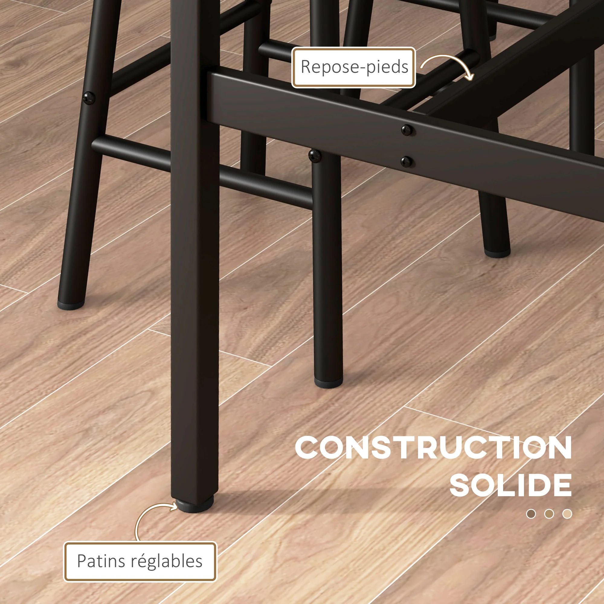 Ensemble table de bar bistrot + 2 tabourets avec repose-pieds table mange-debout structure en acier design industriel table haute de cuisine plateau aspect brun rustique noir - Image 7