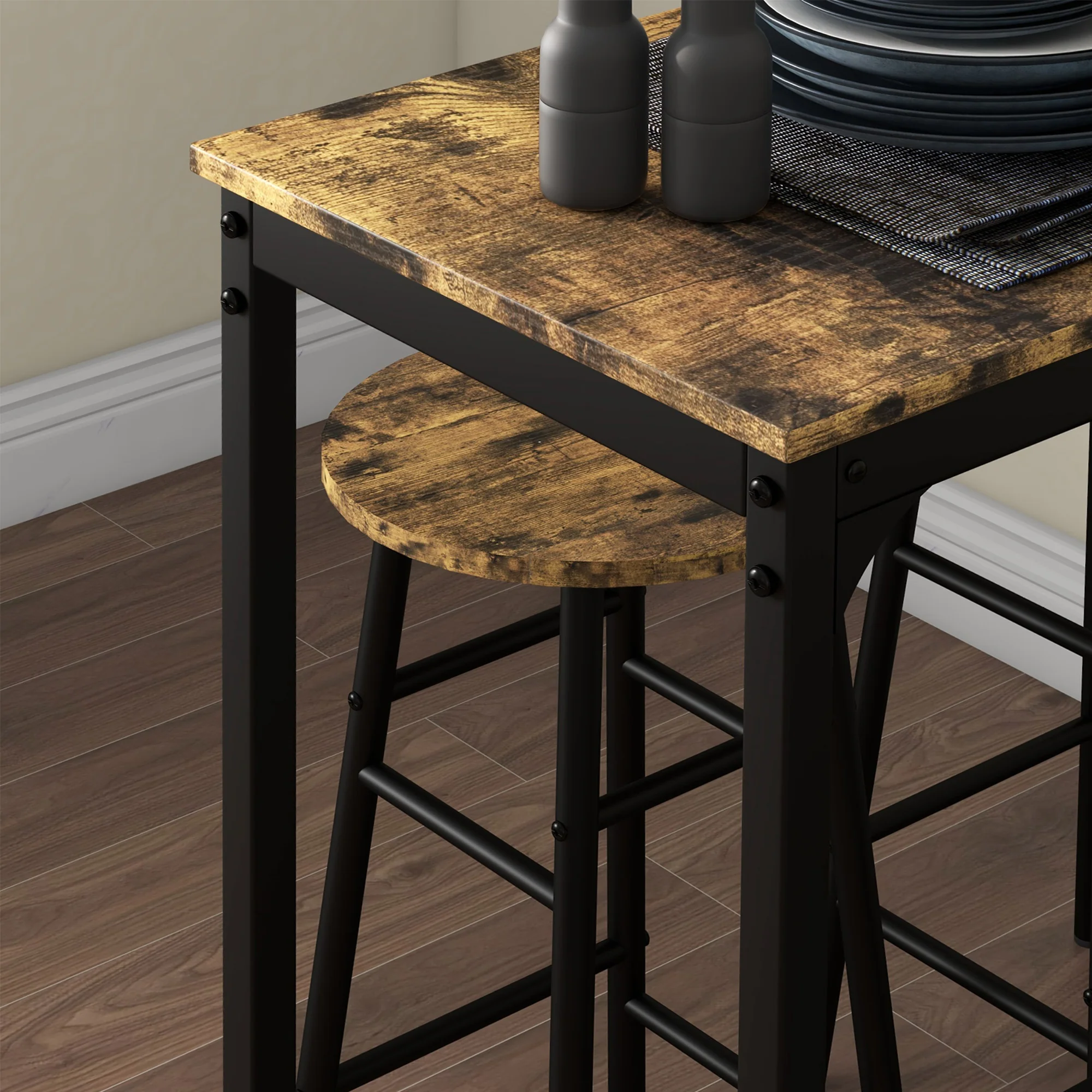 Ensemble table de bar bistrot + 2 tabourets avec repose-pieds table mange-debout structure en acier design industriel table haute de cuisine plateau aspect brun rustique noir - Image 8