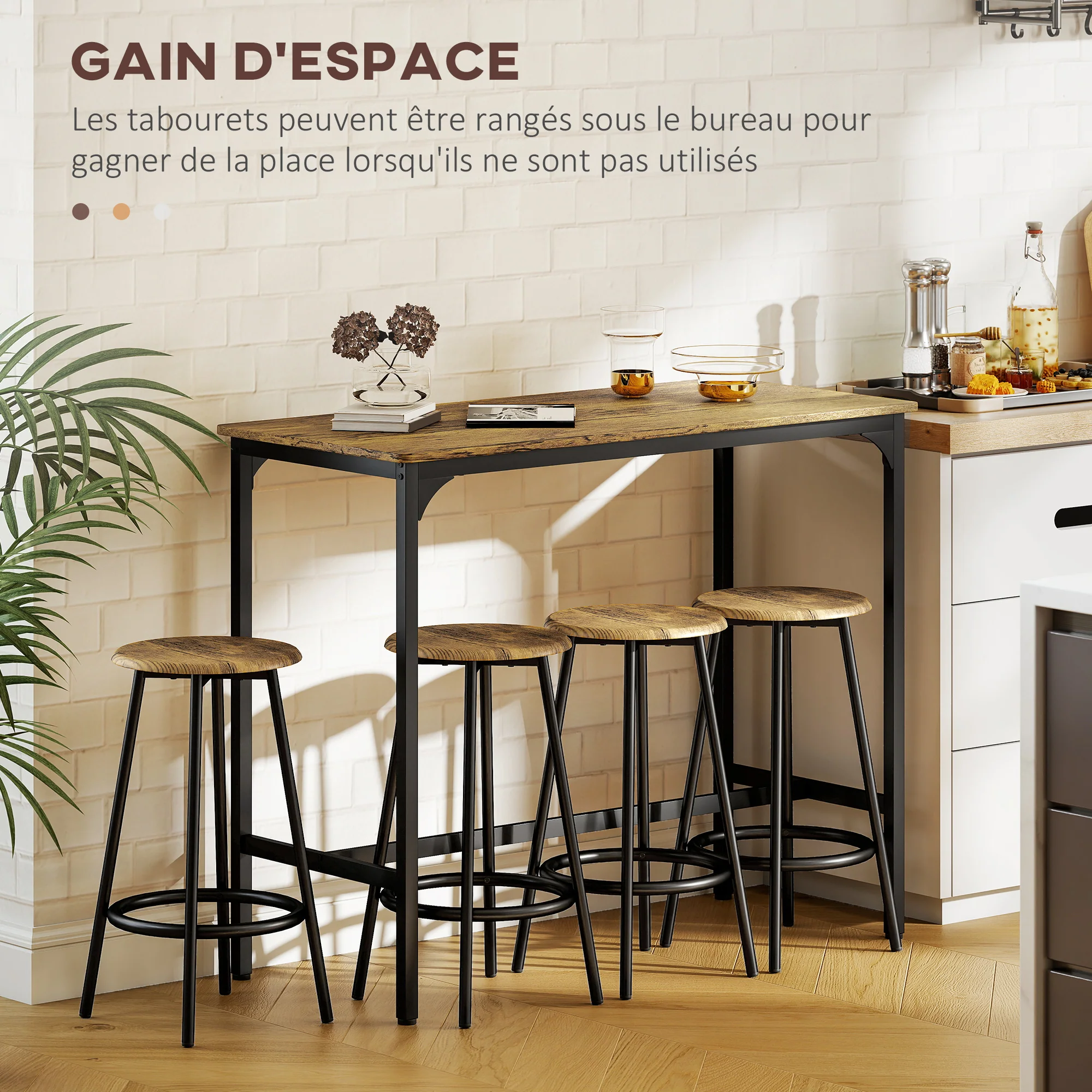 Ensemble table de bar bistrot avec 4 tabourets de bar, ensemble table haute cuisine et tabourets, avec repose-pieds, style moderne, structutre en métal, pour cuisine, salle à manger, marron - Image 6