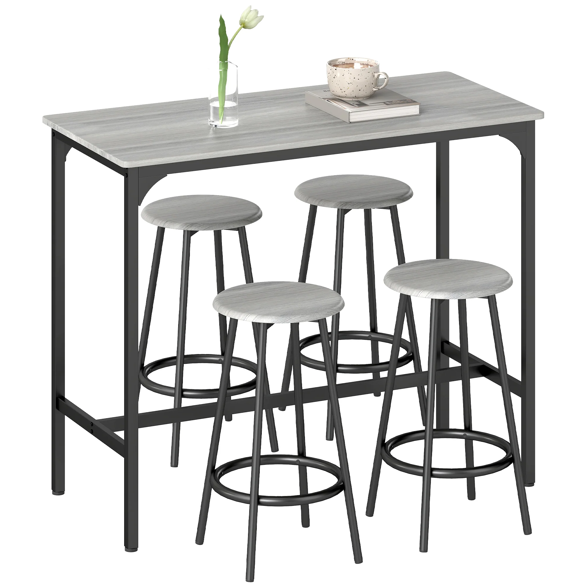 Ensemble table de bar bistrot avec 4 tabourets de bar, ensemble table haute cuisine et tabourets, avec repose-pieds, style moderne, structutre en métal, pour cuisine, salle à manger, gris - Image 11