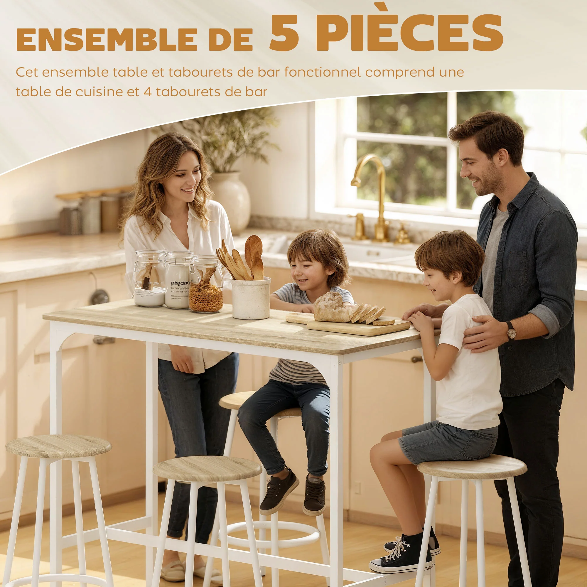Ensemble table de bar bistrot avec 4 tabourets de bar, ensemble table haute cuisine et tabourets, avec repose-pieds, style moderne, structutre en métal, pour cuisine, salle à manger, naturel - Image 5