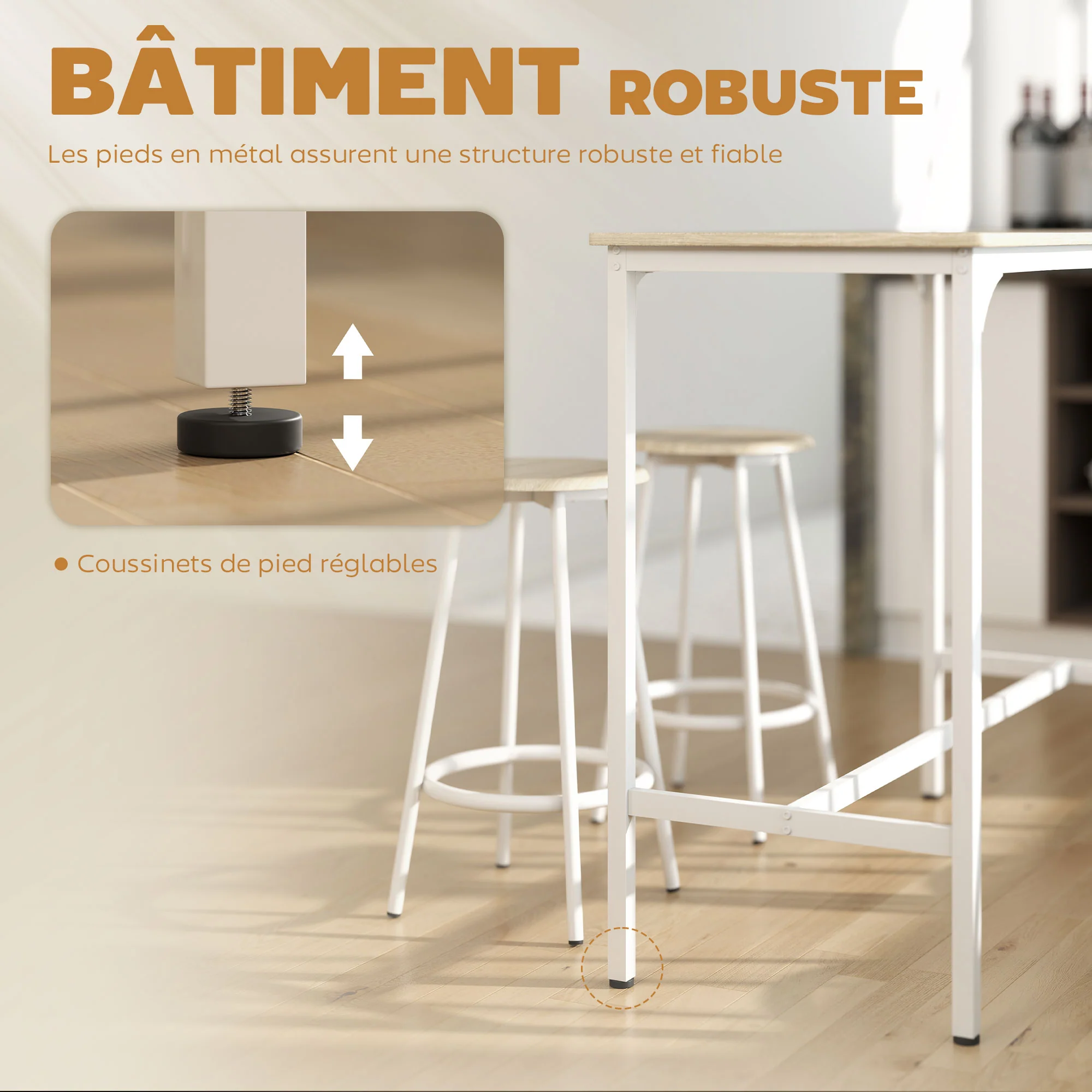 Ensemble table de bar bistrot avec 4 tabourets de bar, ensemble table haute cuisine et tabourets, avec repose-pieds, style moderne, structutre en métal, pour cuisine, salle à manger, naturel - Image 7