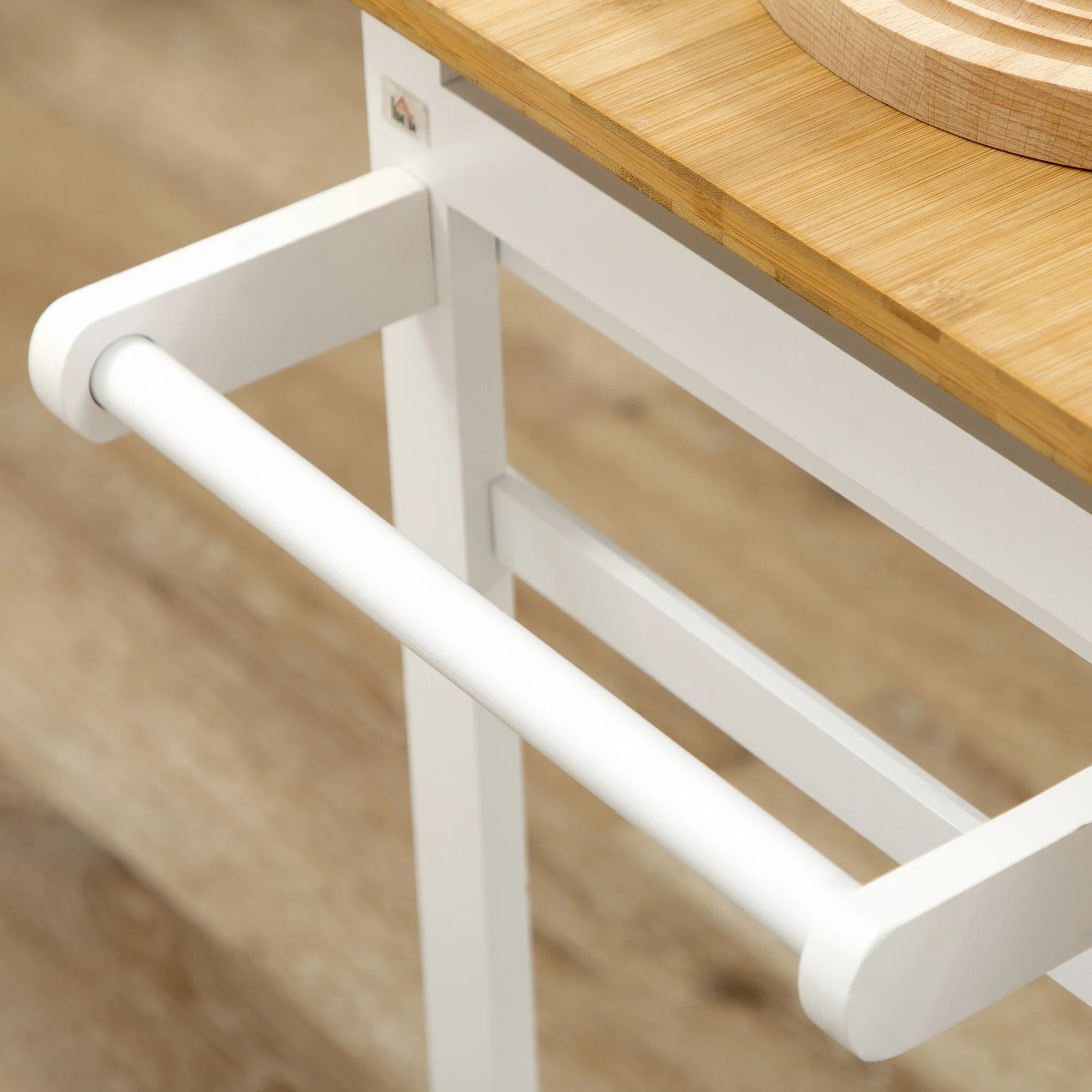Ensemble table de bar chariot de cuisine table de cuisine pliante roulettes + 2 tabourets blanc et bois clair - 2 tiroirs et porte-torchons - Image 10