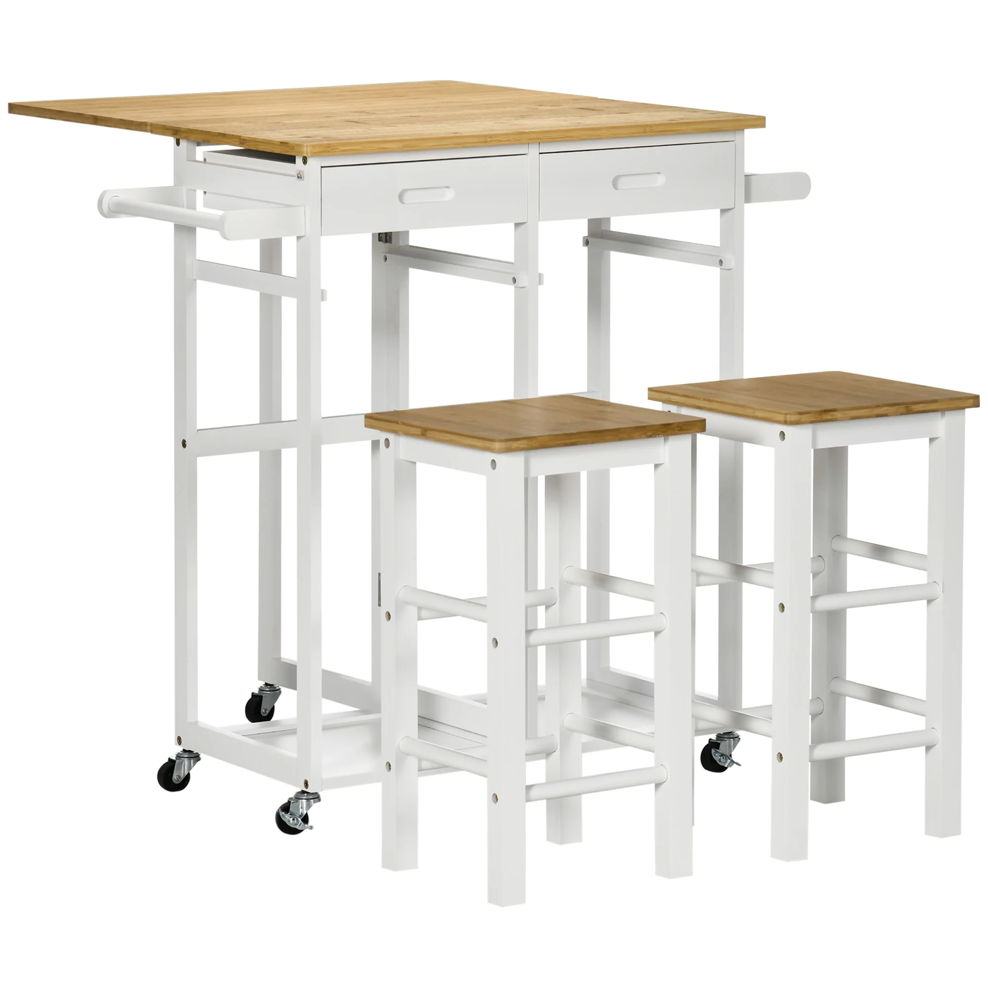 Ensemble table de bar chariot de cuisine table de cuisine pliante roulettes + 2 tabourets blanc et bois clair - 2 tiroirs et porte-torchons - Image 11