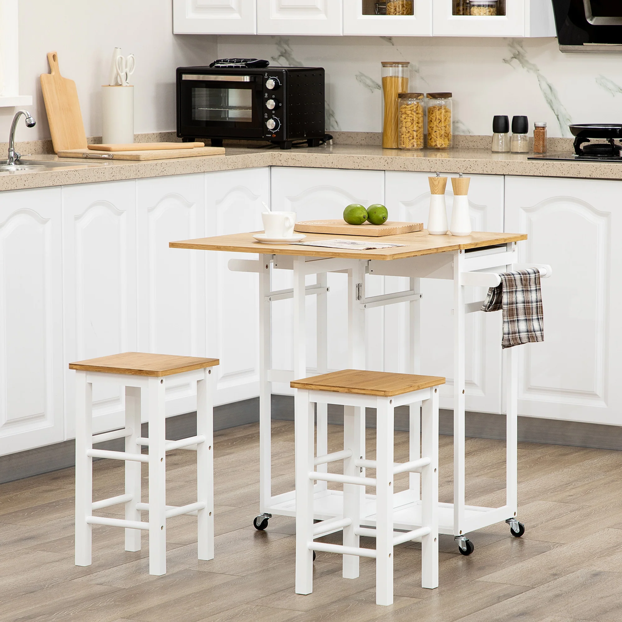 Ensemble table de bar chariot de cuisine table de cuisine pliante roulettes + 2 tabourets blanc et bois clair - 2 tiroirs et porte-torchons - Image 3