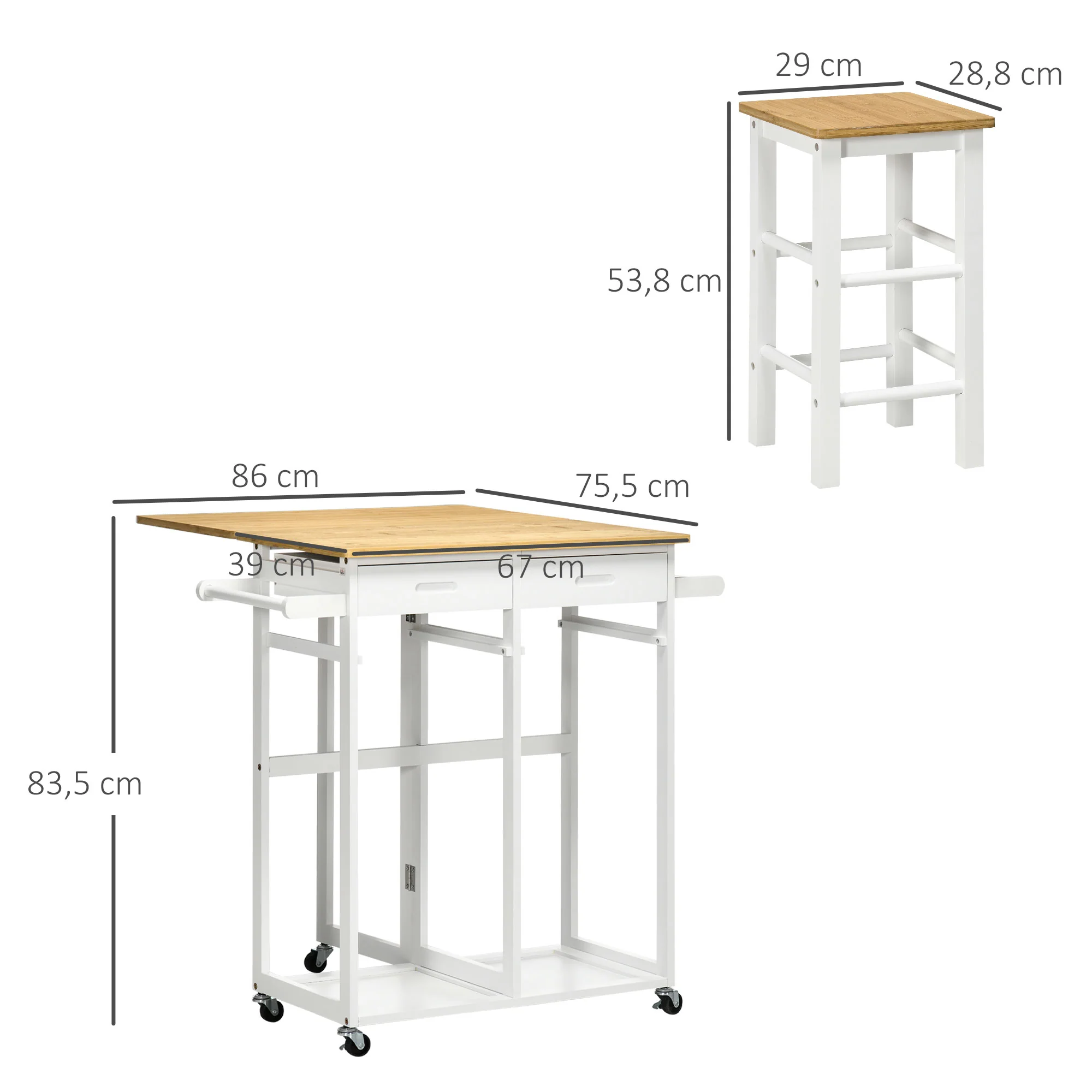 Ensemble table de bar chariot de cuisine table de cuisine pliante roulettes + 2 tabourets blanc et bois clair - 2 tiroirs et porte-torchons - Image 4