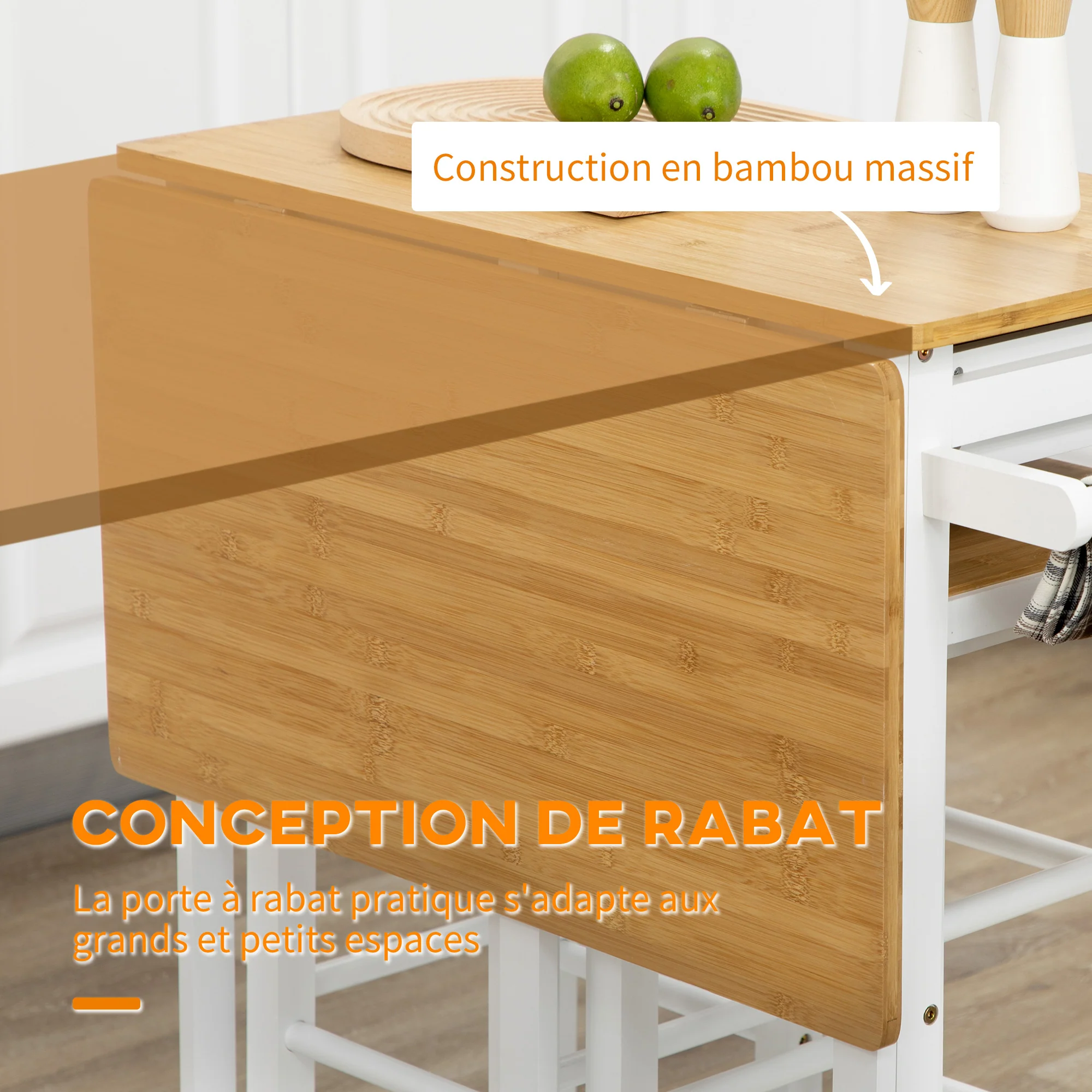 Ensemble table de bar chariot de cuisine table de cuisine pliante roulettes + 2 tabourets blanc et bois clair - 2 tiroirs et porte-torchons - Image 5
