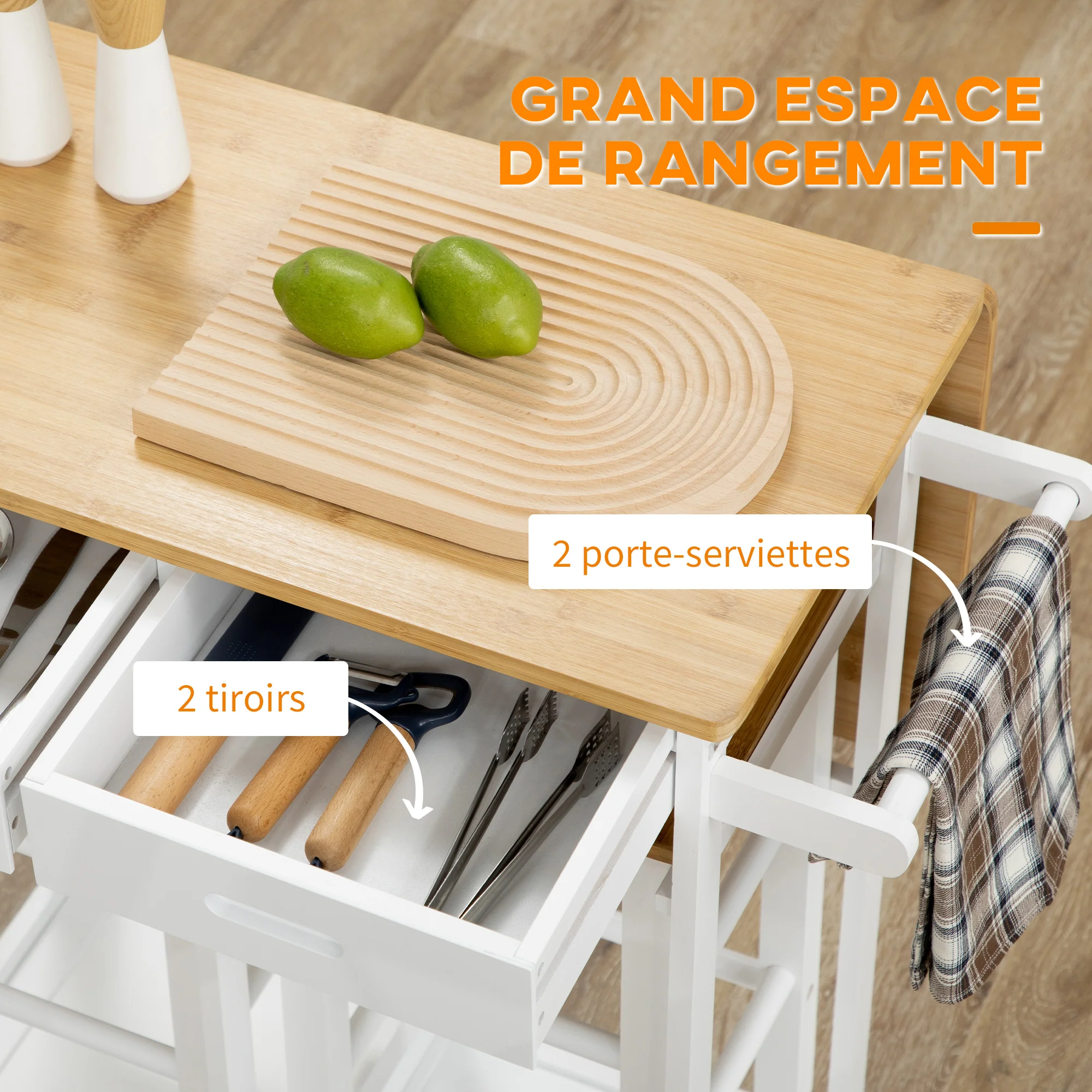 Ensemble table de bar chariot de cuisine table de cuisine pliante roulettes + 2 tabourets blanc et bois clair - 2 tiroirs et porte-torchons - Image 7