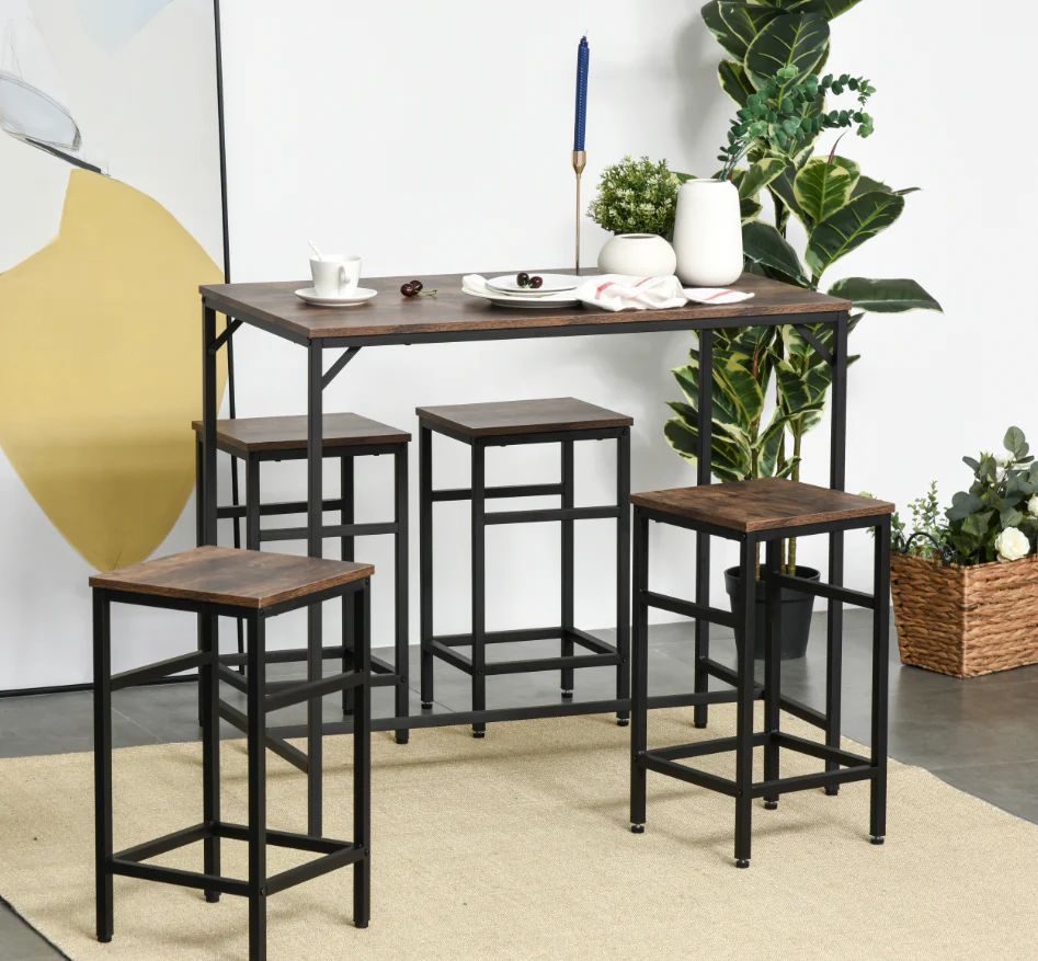 Ensemble Table de Bar Industriel + 4 tabourets Repose-Pieds en Bois couleur Chêne Cadre en métal Noir - Image 3
