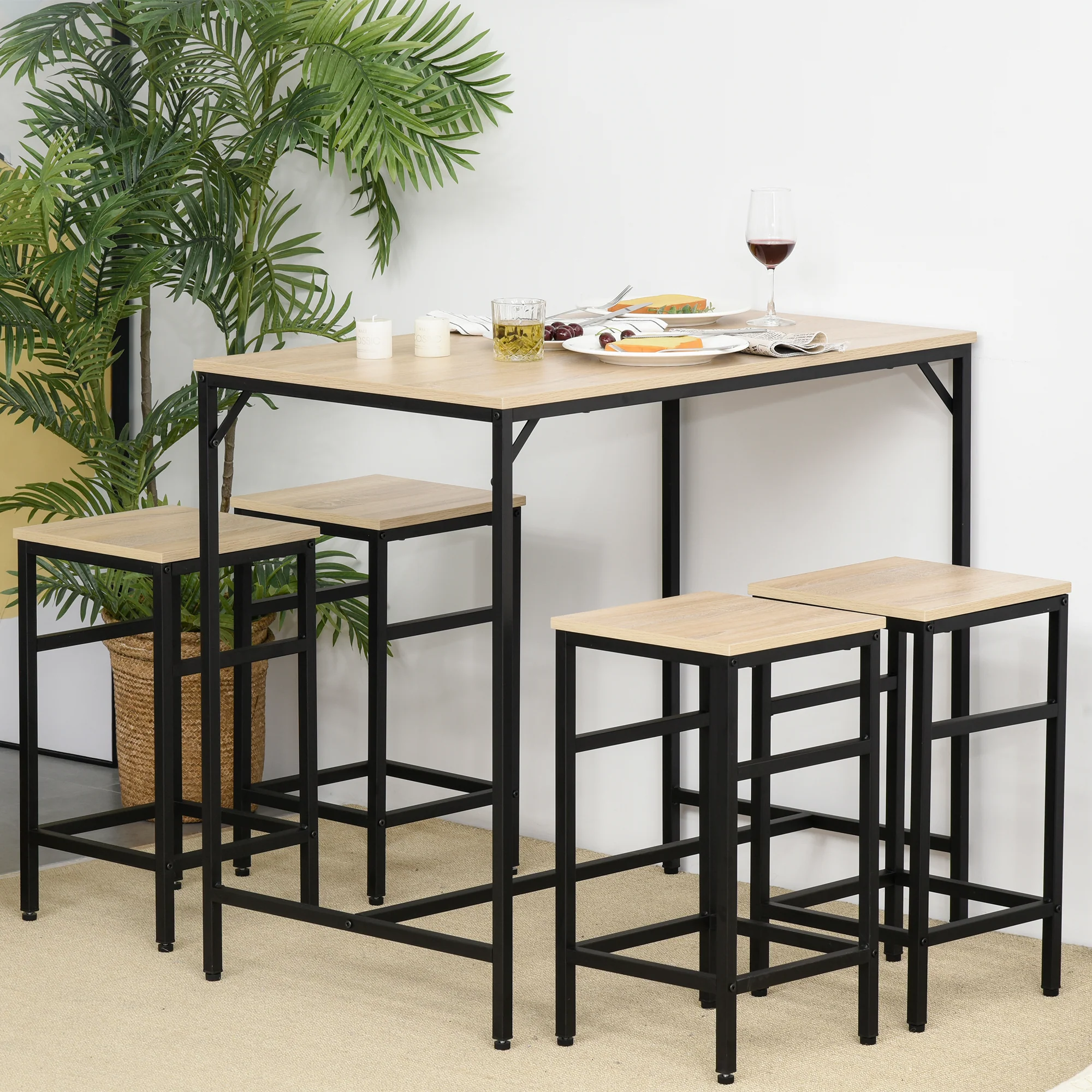 Ensemble Table de Bar Industriel + 4 tabourets Repose-Pieds en Bois couleur Chêne Clair Cadre en métal Noir - Image 3