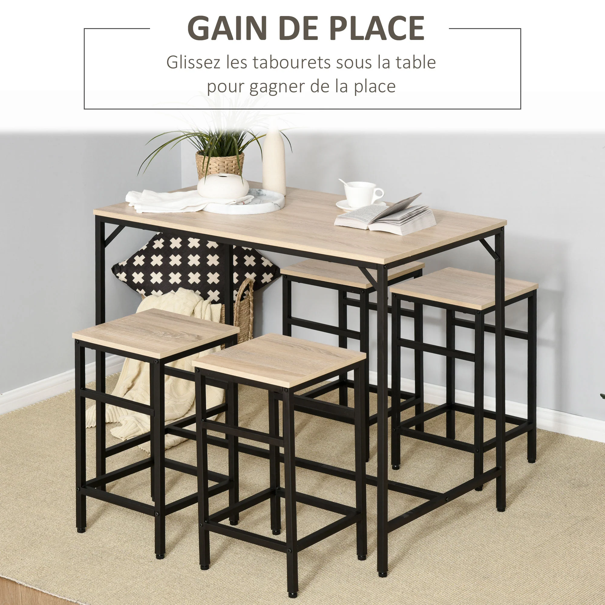 Ensemble Table de Bar Industriel + 4 tabourets Repose-Pieds en Bois couleur Chêne Clair Cadre en métal Noir - Image 5