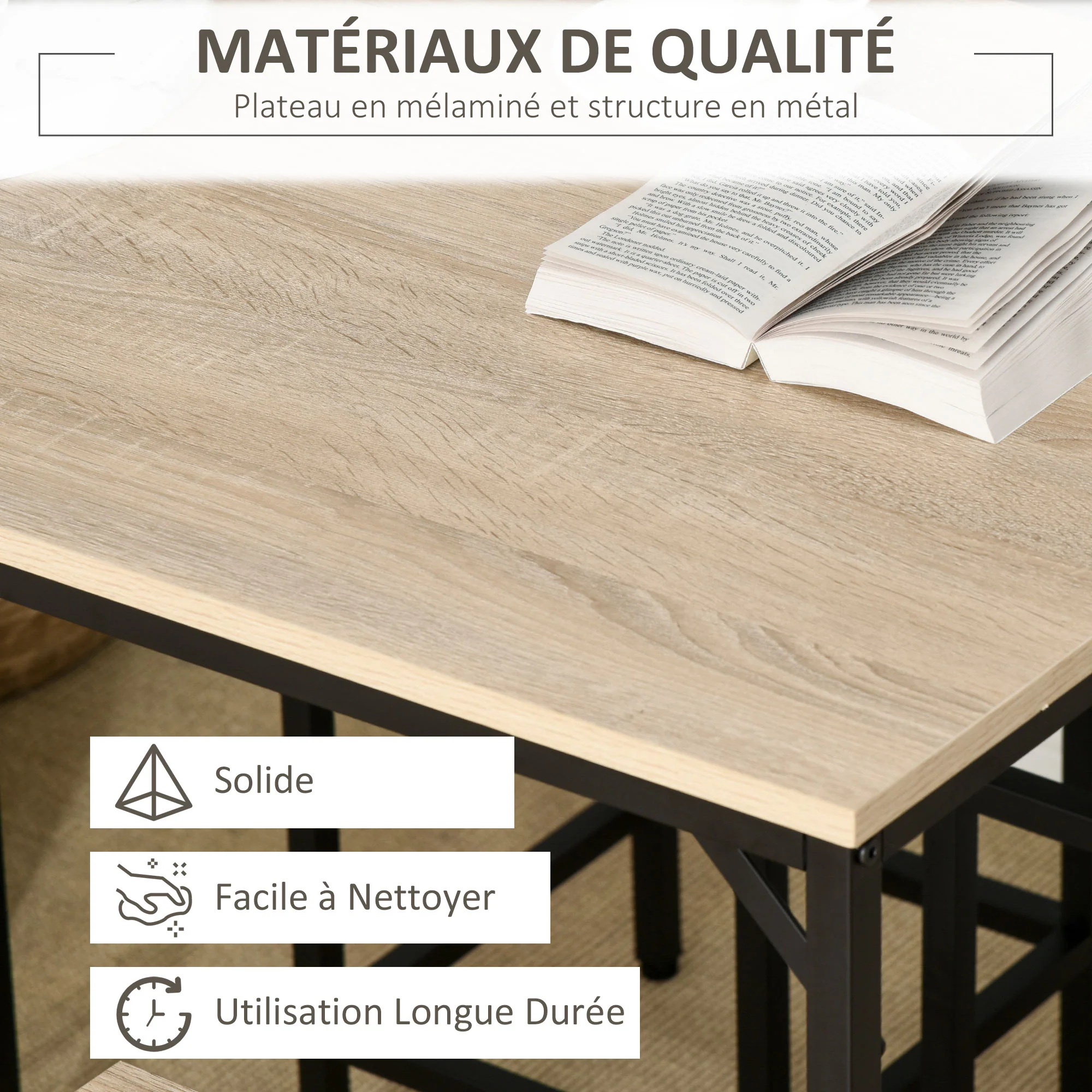 Ensemble Table de Bar Industriel + 4 tabourets Repose-Pieds en Bois couleur Chêne Clair Cadre en métal Noir - Image 8