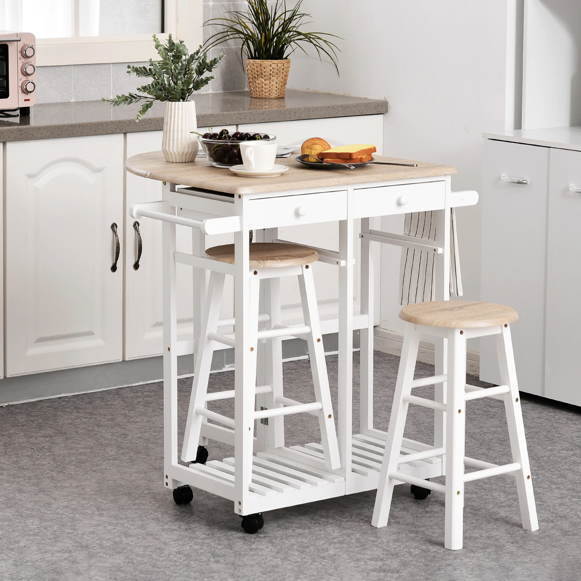 Ensemble Table de Bar Pliable sur roulettes avec étagère et 2 tiroirs + 2 tabourets Bois pin MDF Blanc chêne Clair - Image 3