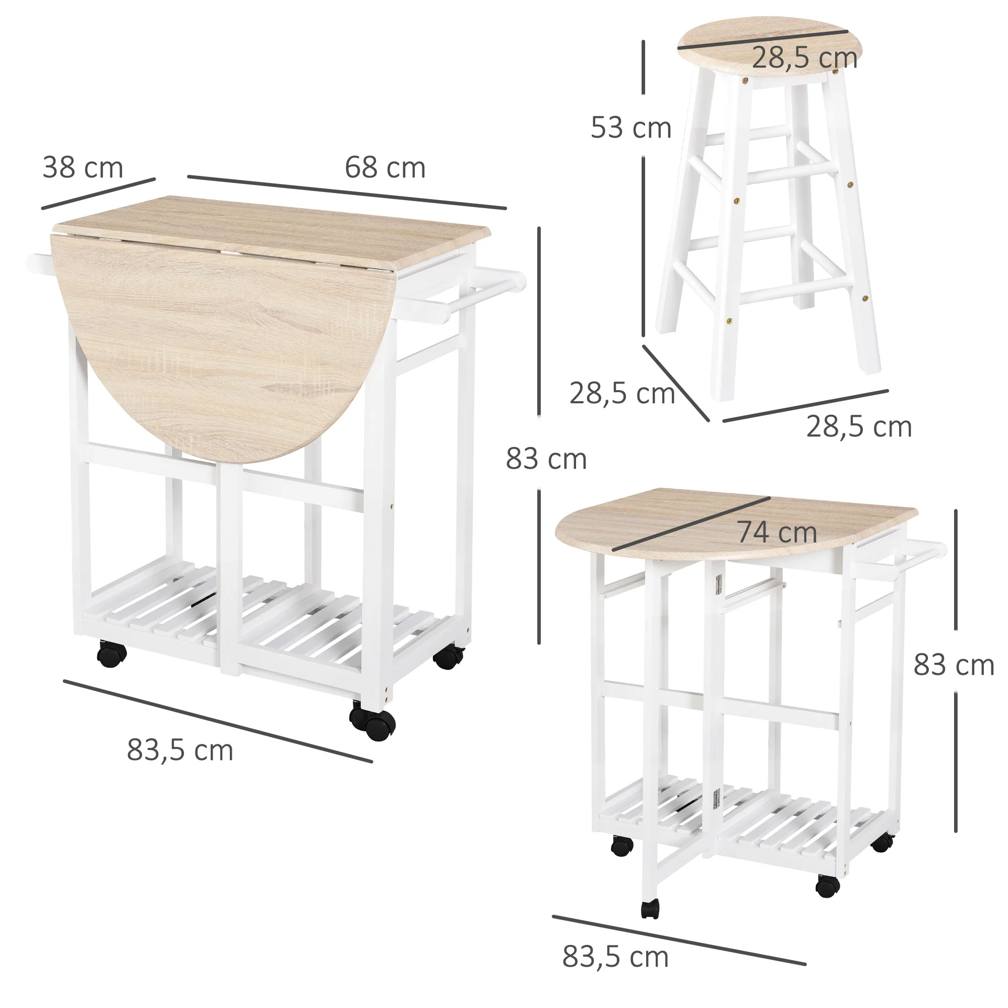 Ensemble Table de Bar Pliable sur roulettes avec étagère et 2 tiroirs + 2 tabourets Bois pin MDF Blanc chêne Clair - Image 4