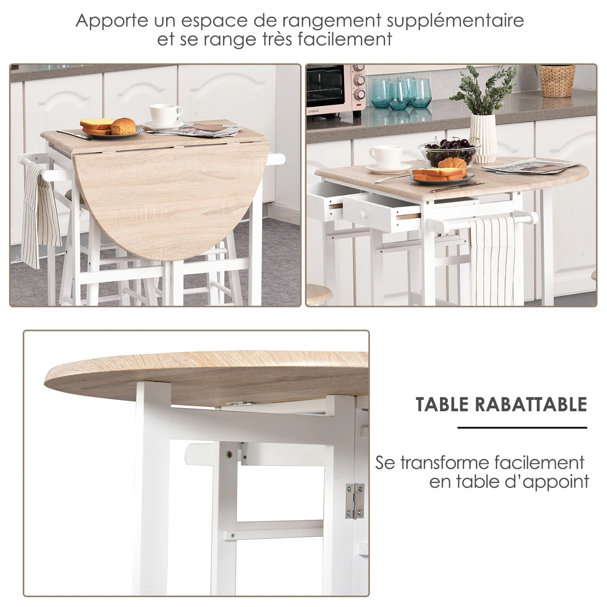 Ensemble Table de Bar Pliable sur roulettes avec étagère et 2 tiroirs + 2 tabourets Bois pin MDF Blanc chêne Clair - Image 5