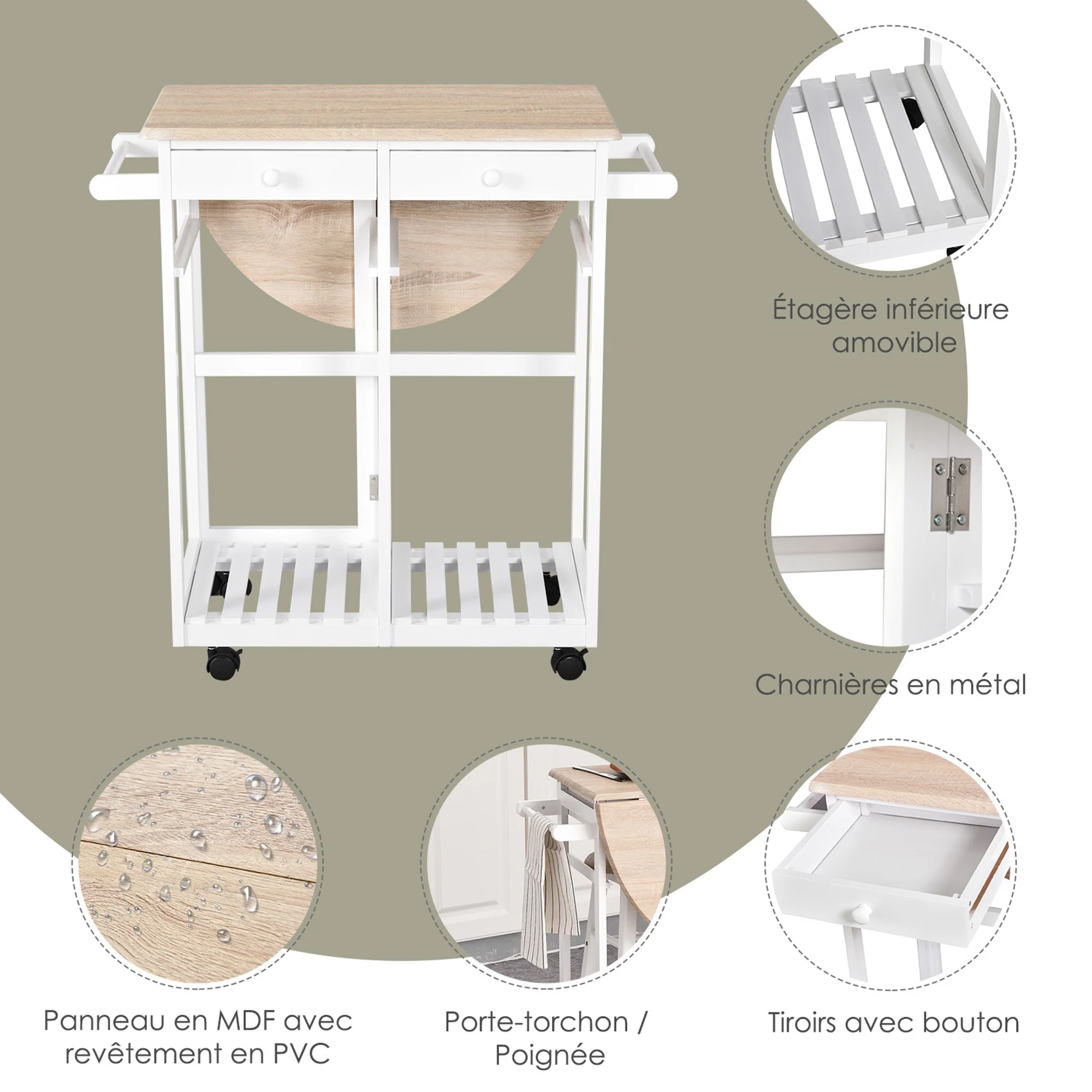Ensemble Table de Bar Pliable sur roulettes avec étagère et 2 tiroirs + 2 tabourets Bois pin MDF Blanc chêne Clair - Image 7