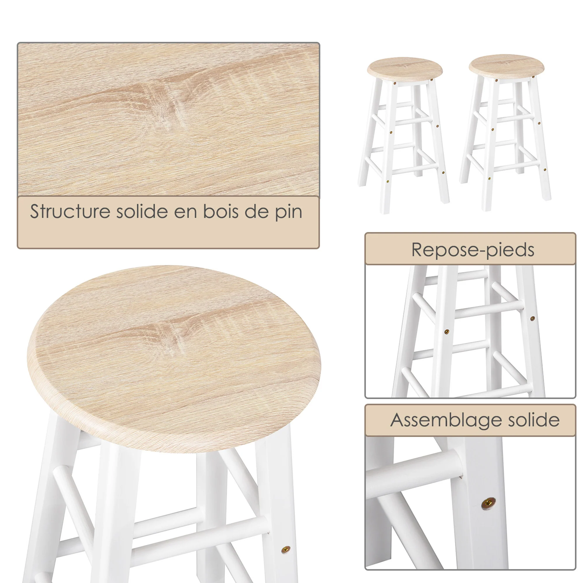 Ensemble Table de Bar Pliable sur roulettes avec étagère et 2 tiroirs + 2 tabourets Bois pin MDF Blanc chêne Clair - Image 8