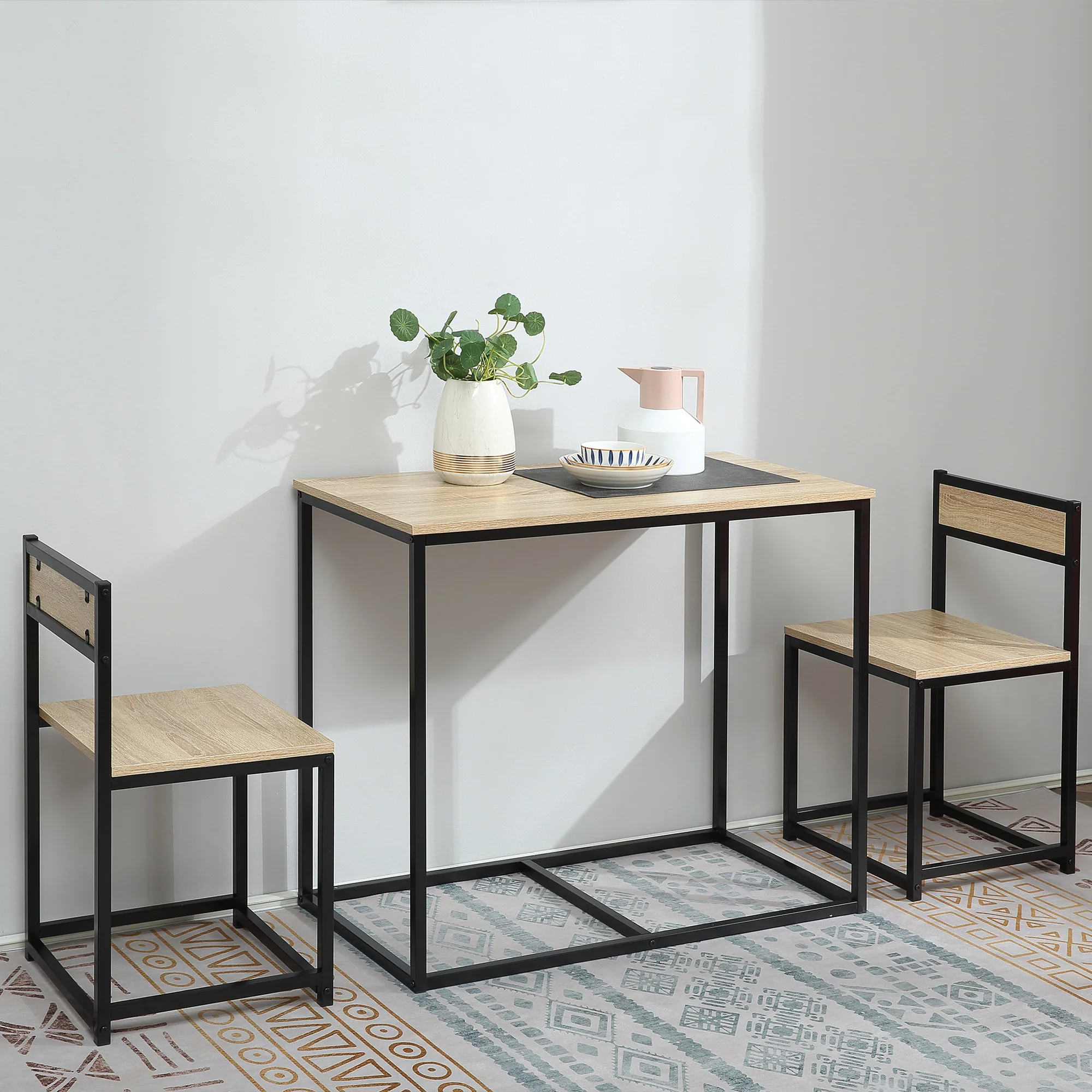 Ensemble Table et chaises de Salle à manger Set de 1 Table + 2 chaises encastrables pour Cuisine - métal Noir Aspect chêne Clair - Image 3