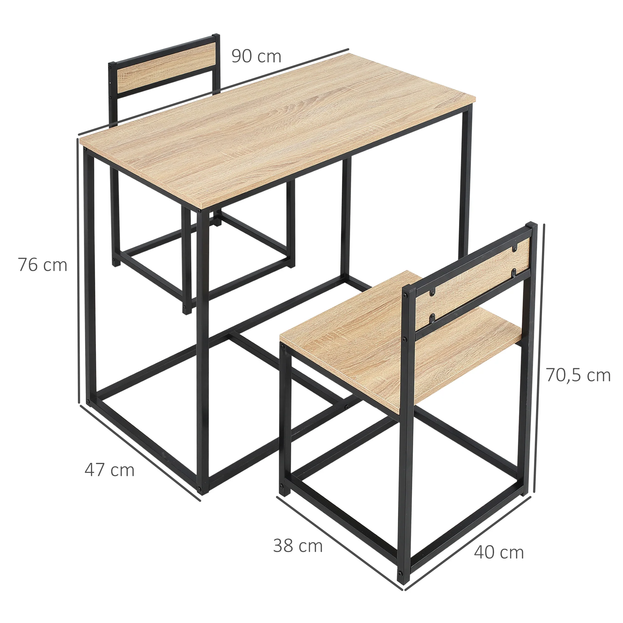 Ensemble Table et chaises de Salle à manger Set de 1 Table + 2 chaises encastrables pour Cuisine - métal Noir Aspect chêne Clair - Image 4