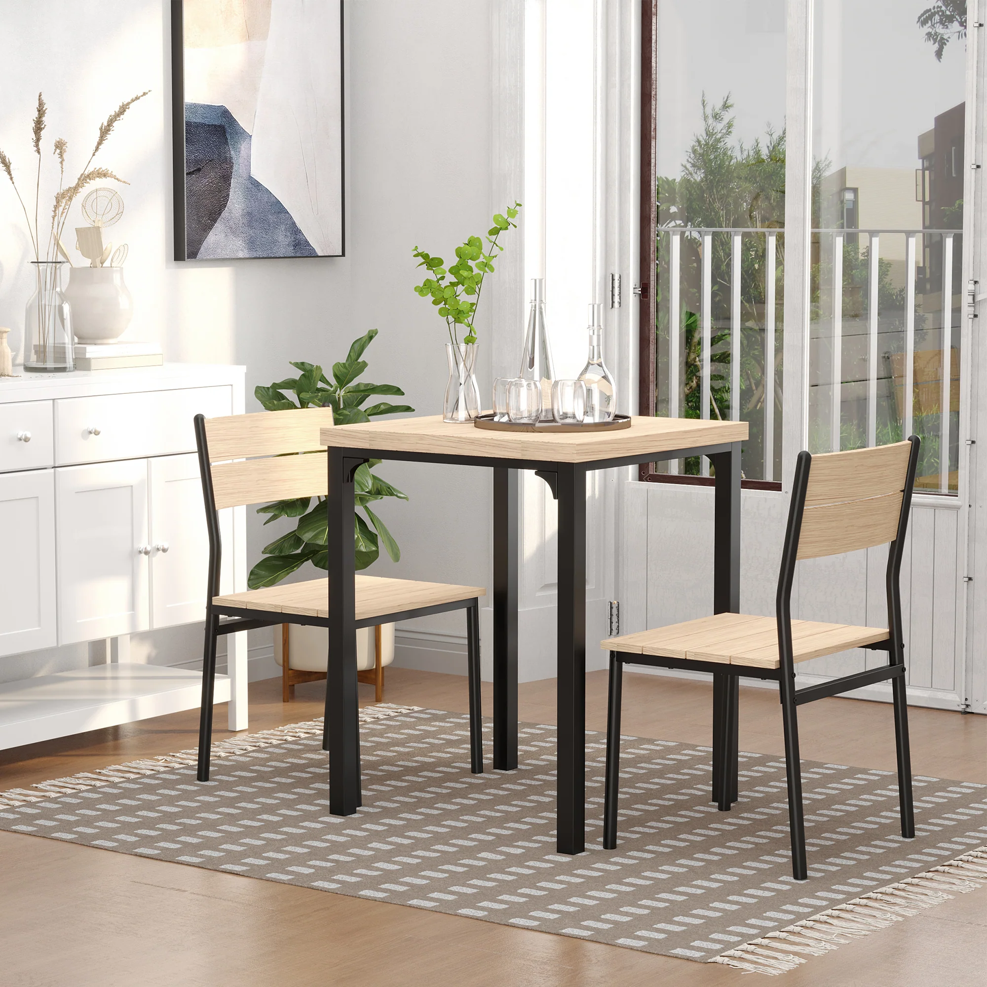 Ensemble table et chaises pour 2 personnes, table de cuisine avec chaises, table à manger 3 pièces avec 2 chaises encastrables, pour cuisine salon maison, bois de chêne clair - Image 3