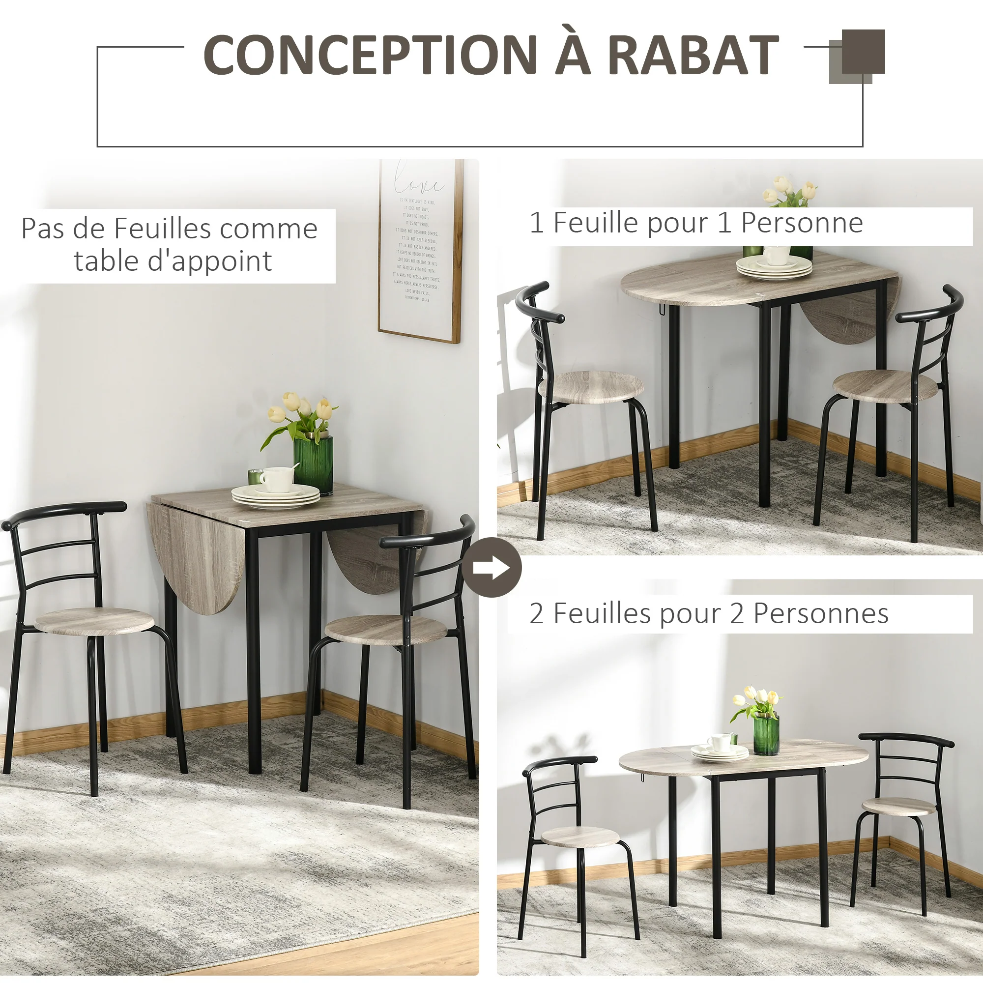 Ensemble table ovale extensible et 2 chaises - table à rabats - métal et MDF - noir et naturel - Image 6