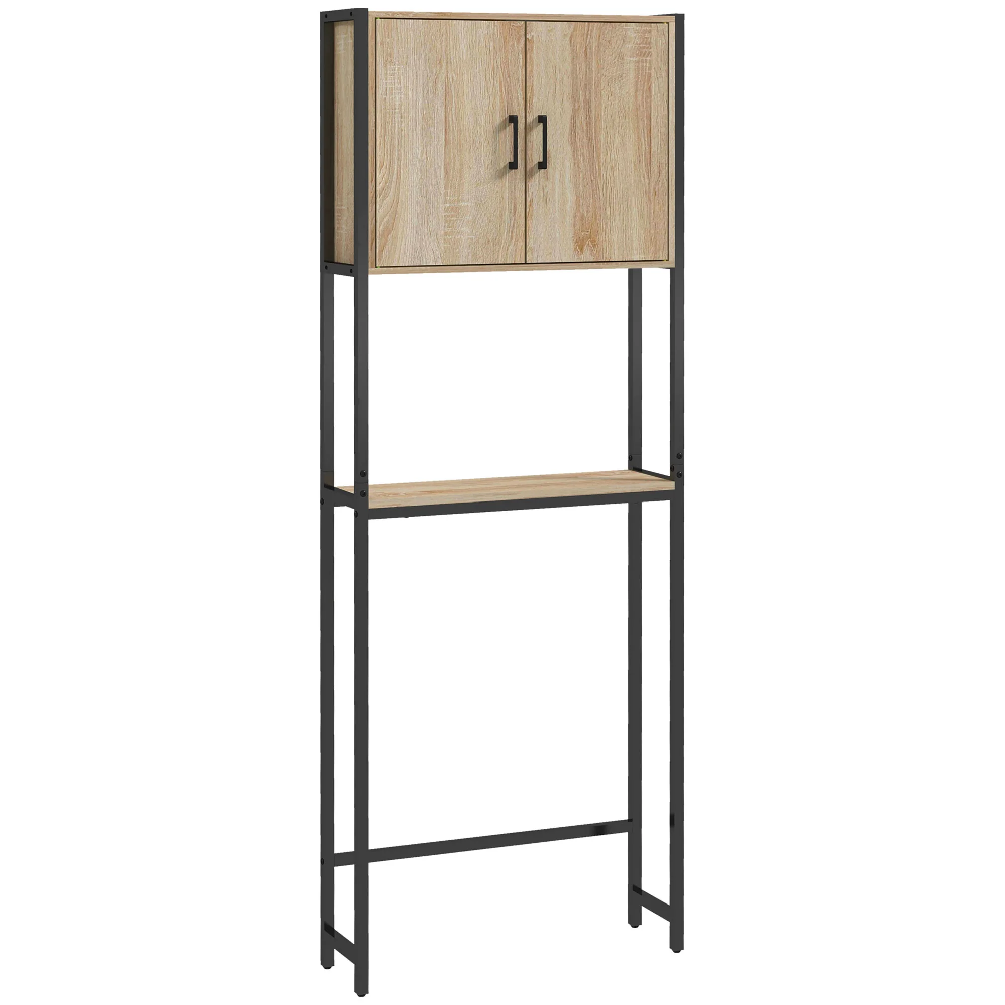 Étagère de toilettes meuble de salle de bain dessus toilette WC avec placard 2 portes et étagère ouverte dim. 64L x 19l x 178H cm chêne et noir - Image 2