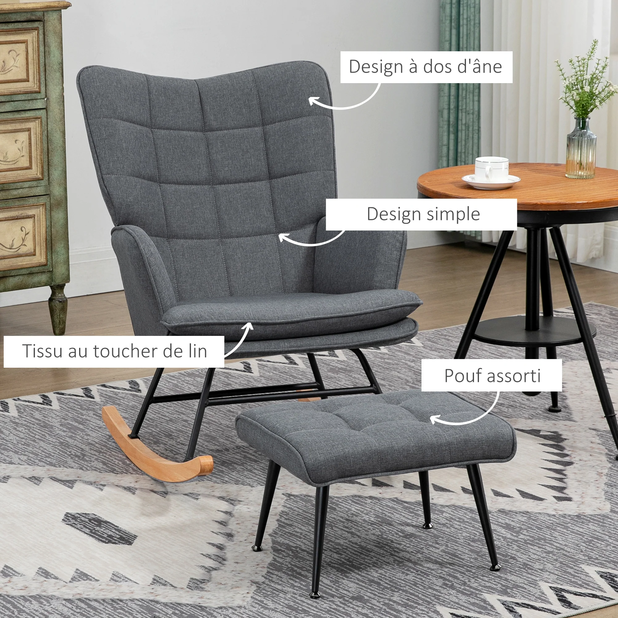 Fauteuil à bascule avec repose-pieds, rocking chair en tissu aspect lin, assise large, dossier haut, coussin inclus, chaise à bascule pour salon, chambre, gris - Image 6
