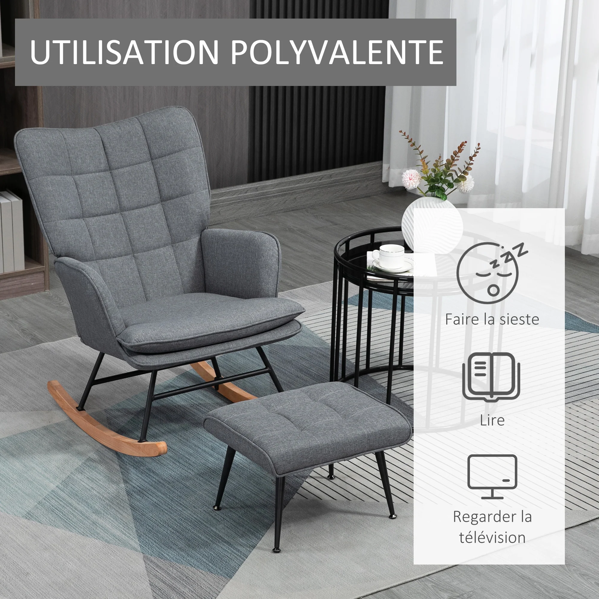 Fauteuil à bascule avec repose-pieds, rocking chair en tissu aspect lin, assise large, dossier haut, coussin inclus, chaise à bascule pour salon, chambre, gris - Image 7