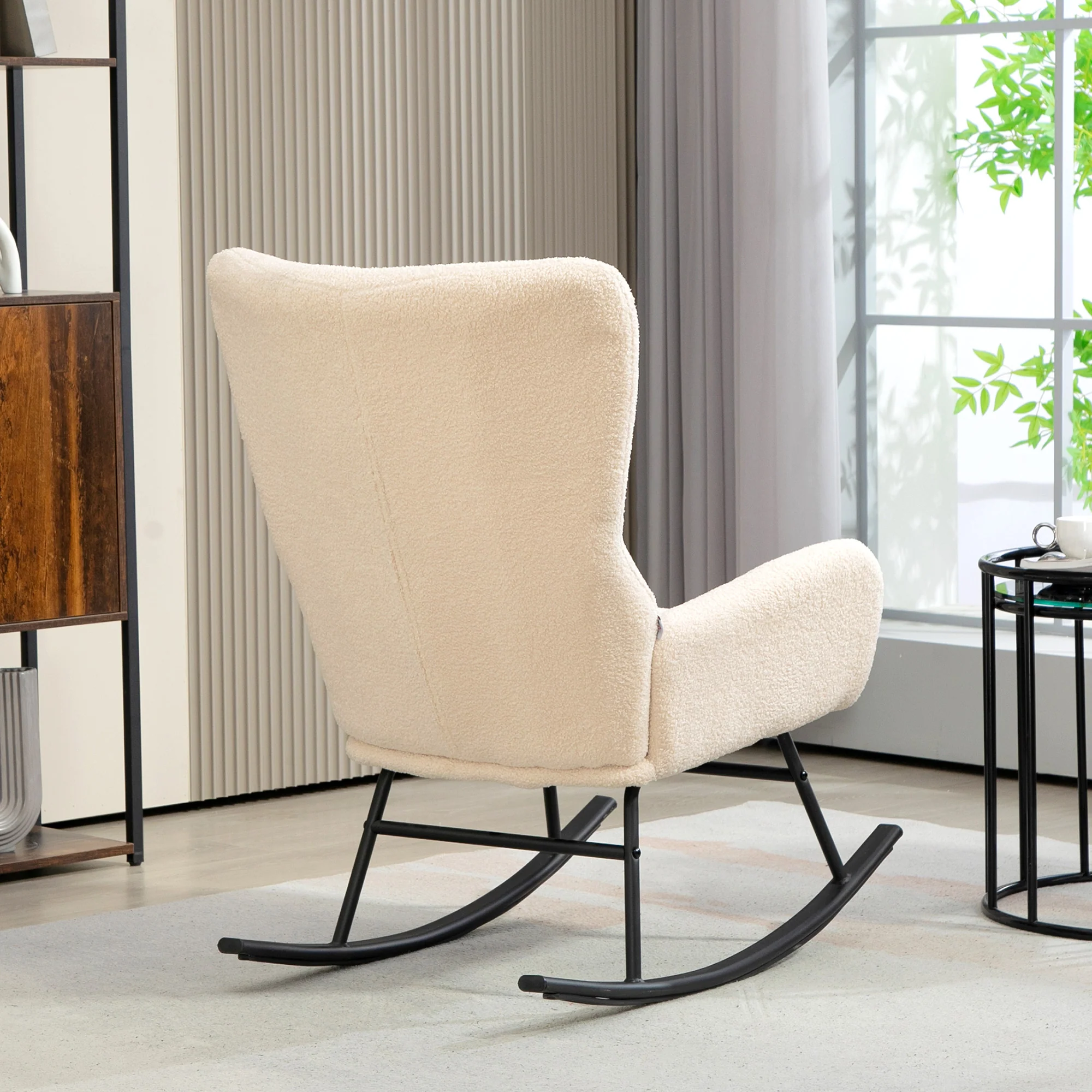 Fauteuil à bascule, chaise à bascule, avec assise de 10 cm d'épaisseur, pieds incurvés en acier, capacité de charge 120 kg, pour salon, chambre, balcon, beige et noir - Image 8