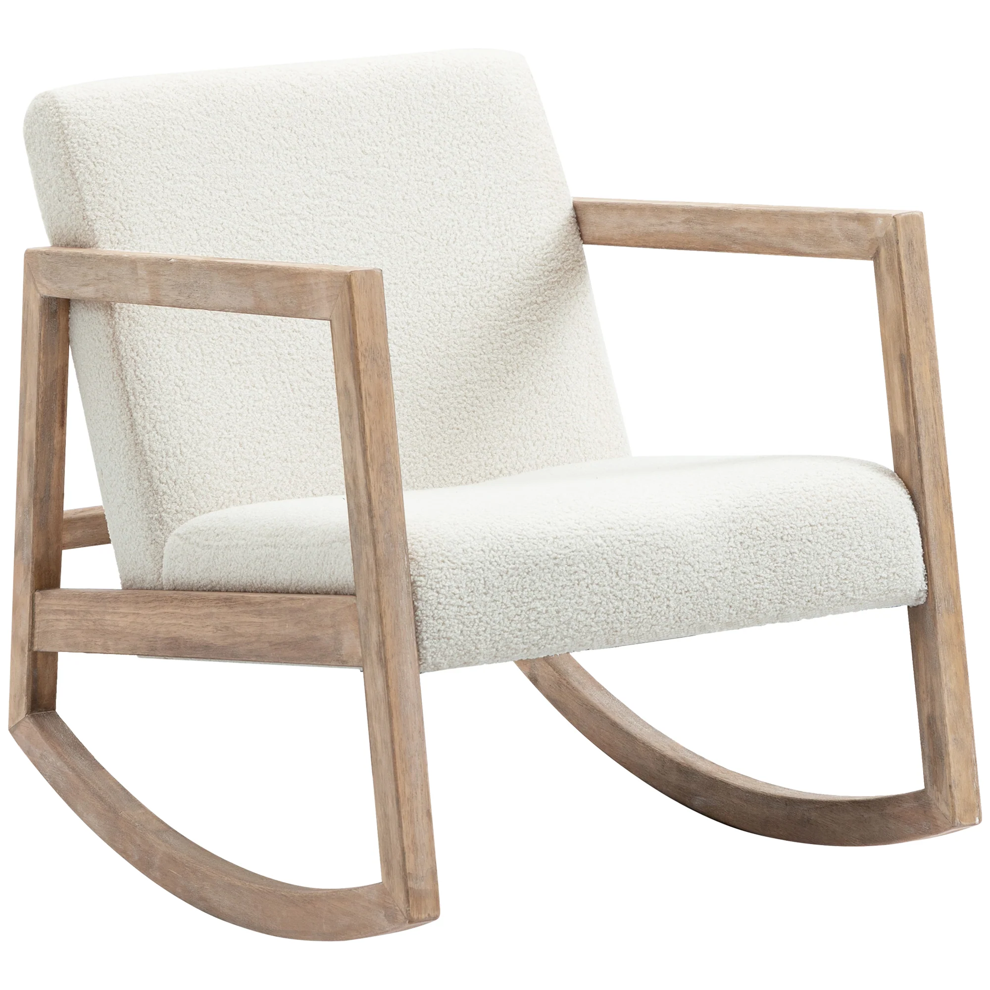 Fauteuil à bascule fauteuil allaitement rocking chair en tissu effet laine bouclée avec pieds en bois massif d'hévéa, chaise à bascule pour chambre, salon - 60 x 81 x 71 cm blanc crème - Image 11
