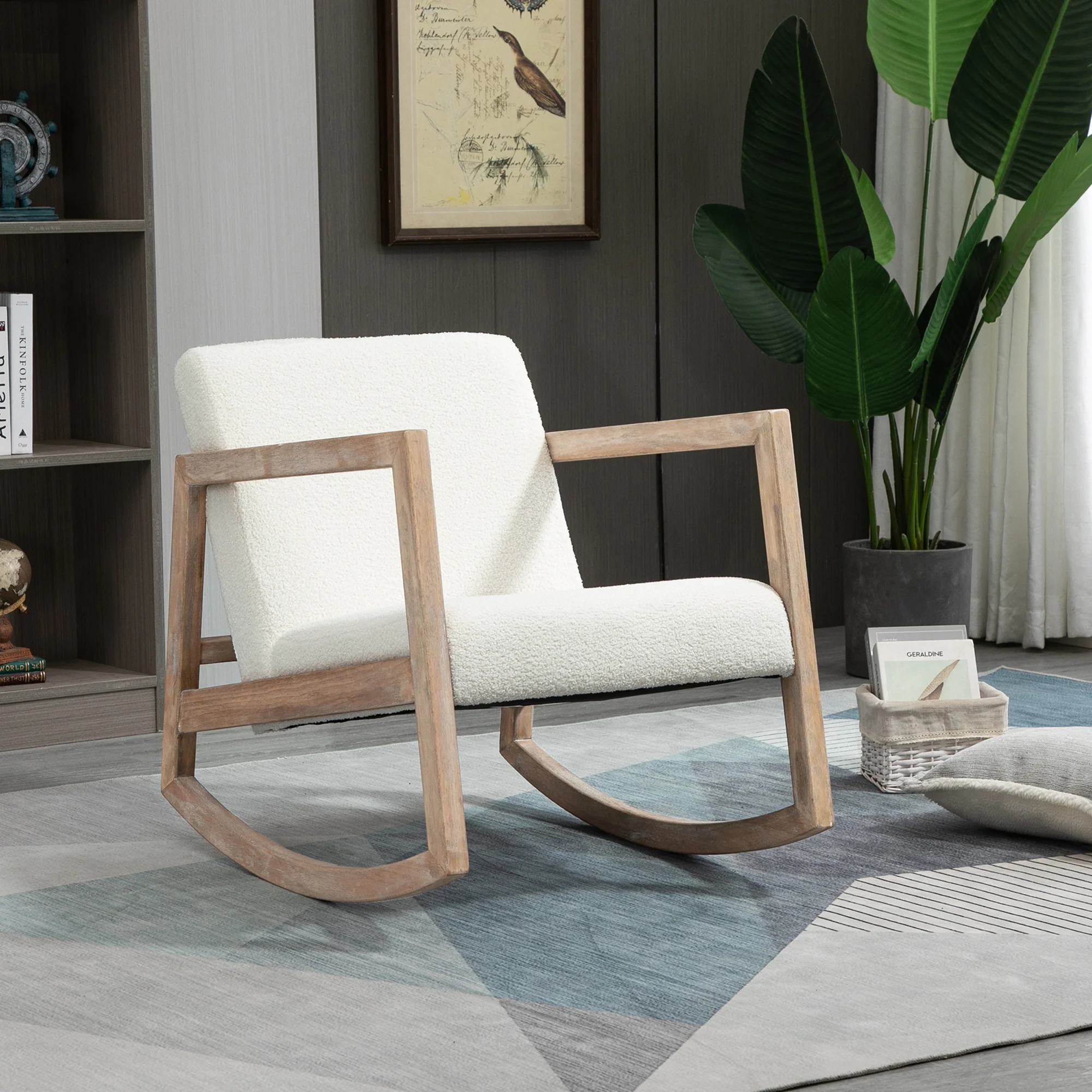 Fauteuil à bascule fauteuil allaitement rocking chair en tissu effet laine bouclée avec pieds en bois massif d'hévéa, chaise à bascule pour chambre, salon - 60 x 81 x 71 cm blanc crème - Image 3