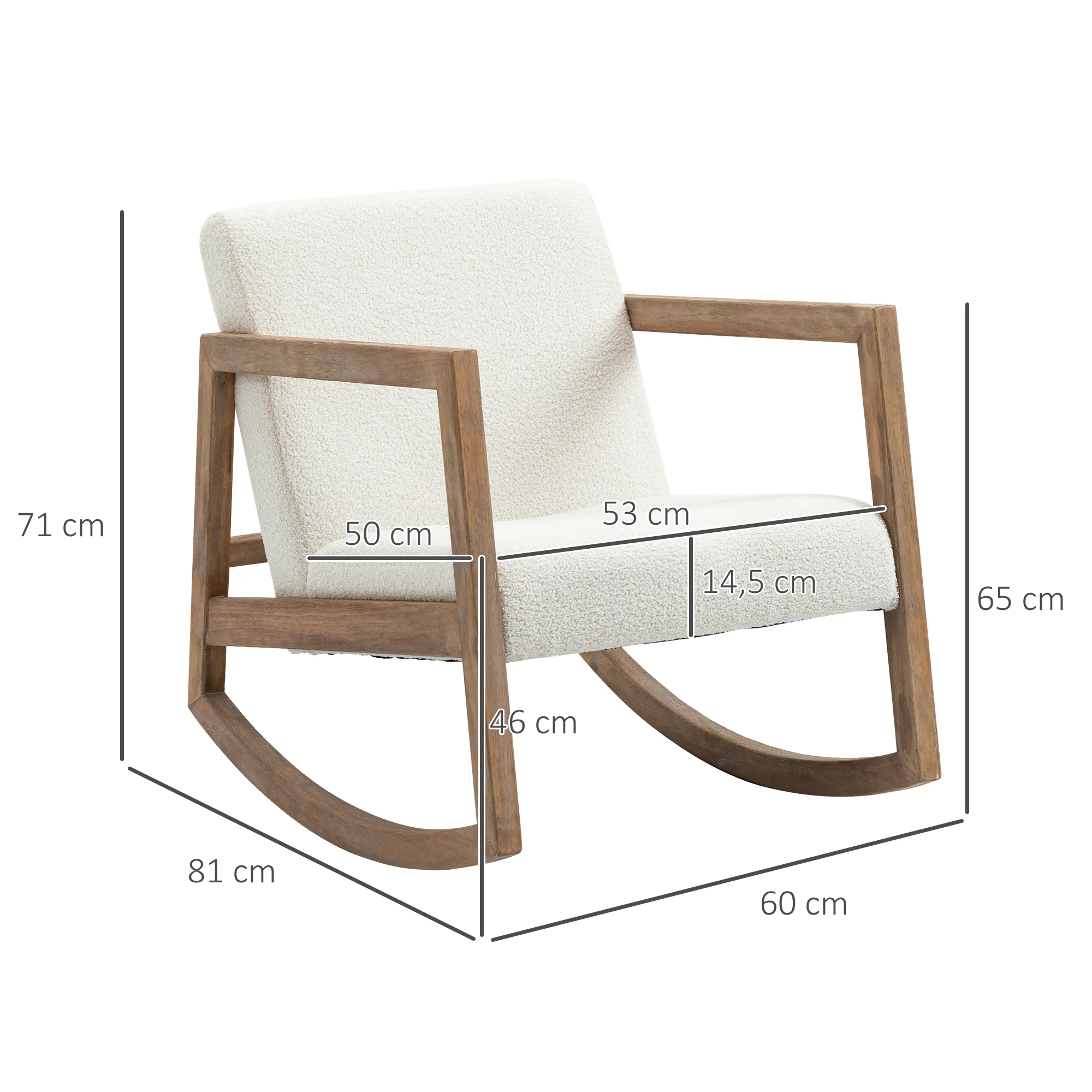 Fauteuil à bascule fauteuil allaitement rocking chair en tissu effet laine bouclée avec pieds en bois massif d'hévéa, chaise à bascule pour chambre, salon - 60 x 81 x 71 cm blanc crème - Image 4