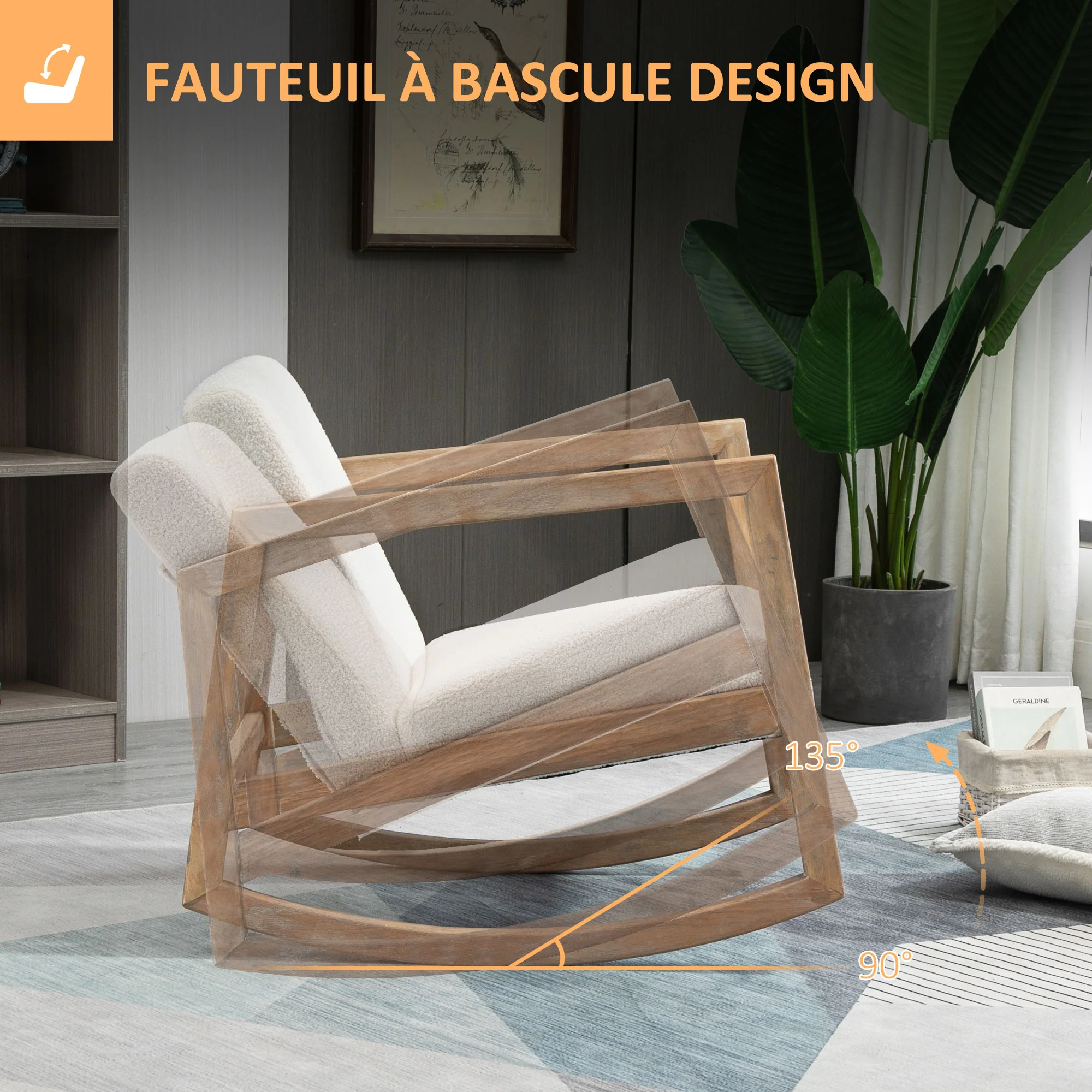 Fauteuil à bascule fauteuil allaitement rocking chair en tissu effet laine bouclée avec pieds en bois massif d'hévéa, chaise à bascule pour chambre, salon - 60 x 81 x 71 cm blanc crème - Image 5
