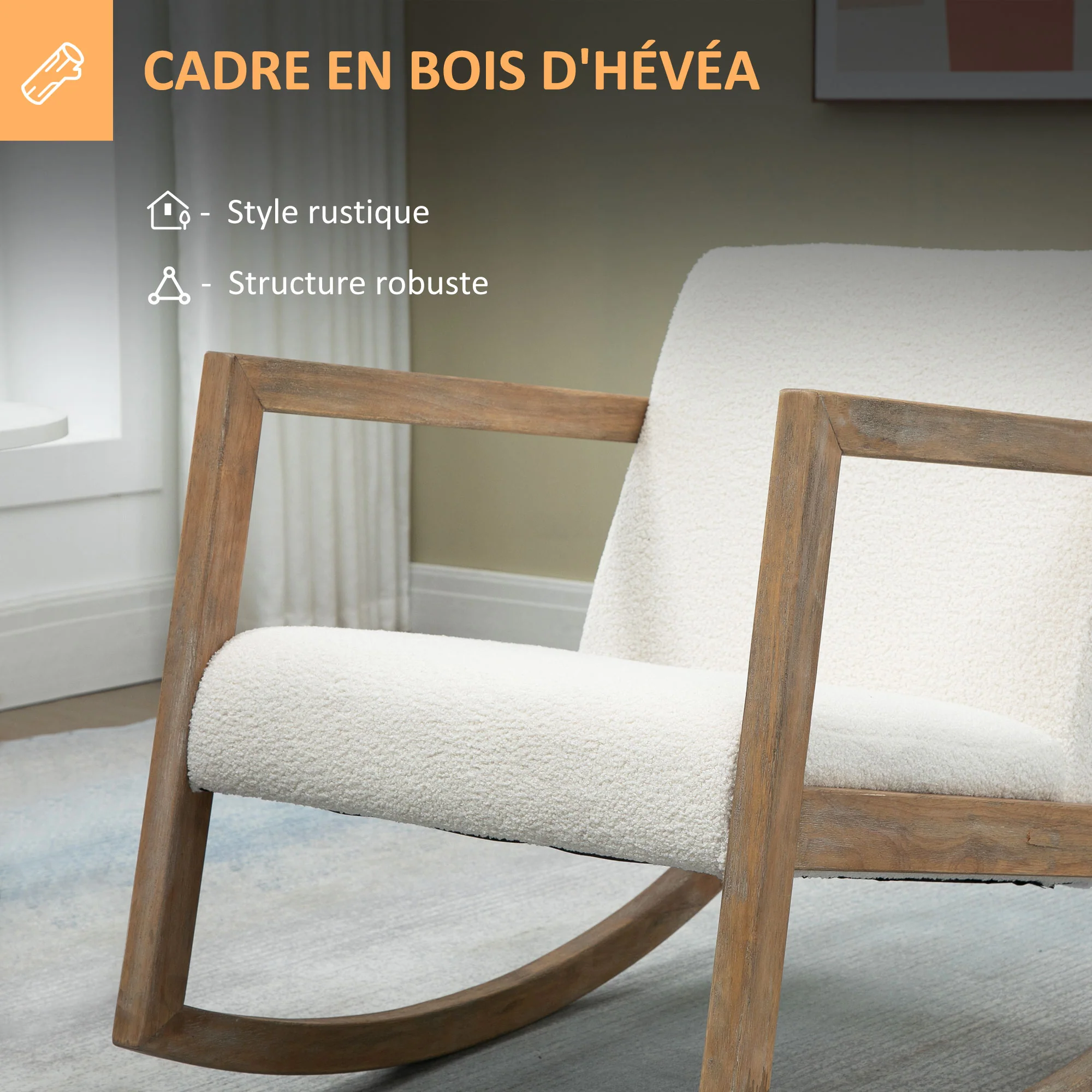 Fauteuil à bascule fauteuil allaitement rocking chair en tissu effet laine bouclée avec pieds en bois massif d'hévéa, chaise à bascule pour chambre, salon - 60 x 81 x 71 cm blanc crème - Image 7