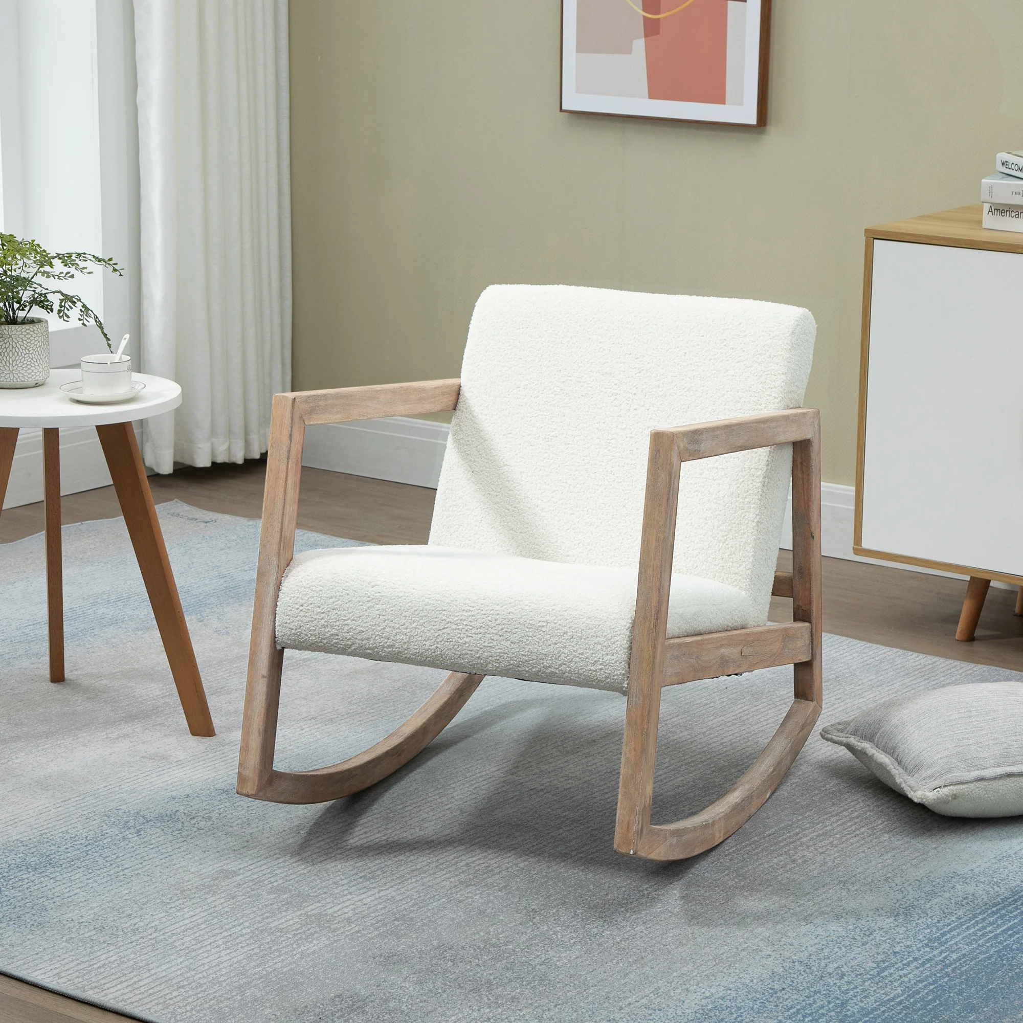 Fauteuil à bascule fauteuil allaitement rocking chair en tissu effet laine bouclée avec pieds en bois massif d'hévéa, chaise à bascule pour chambre, salon - 60 x 81 x 71 cm blanc crème - Image 9