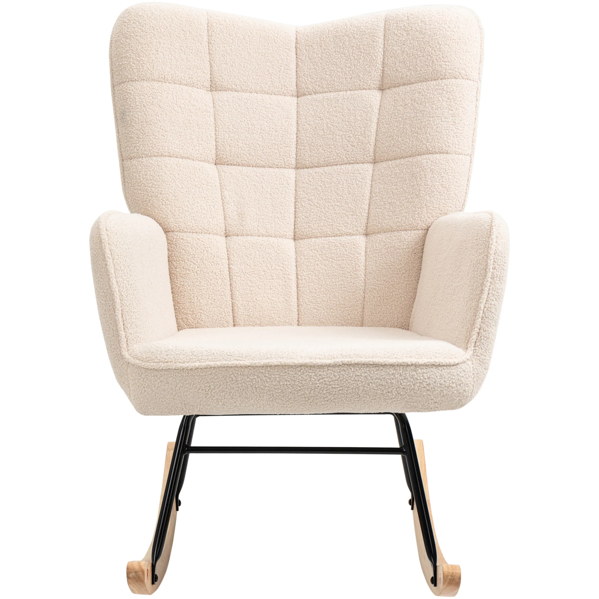 Fauteuil à bascule, rocking chair, revêtement bouclette, fauteuil allaitement, chaise à bascule, structure en acier, pieds en bois massif, beige