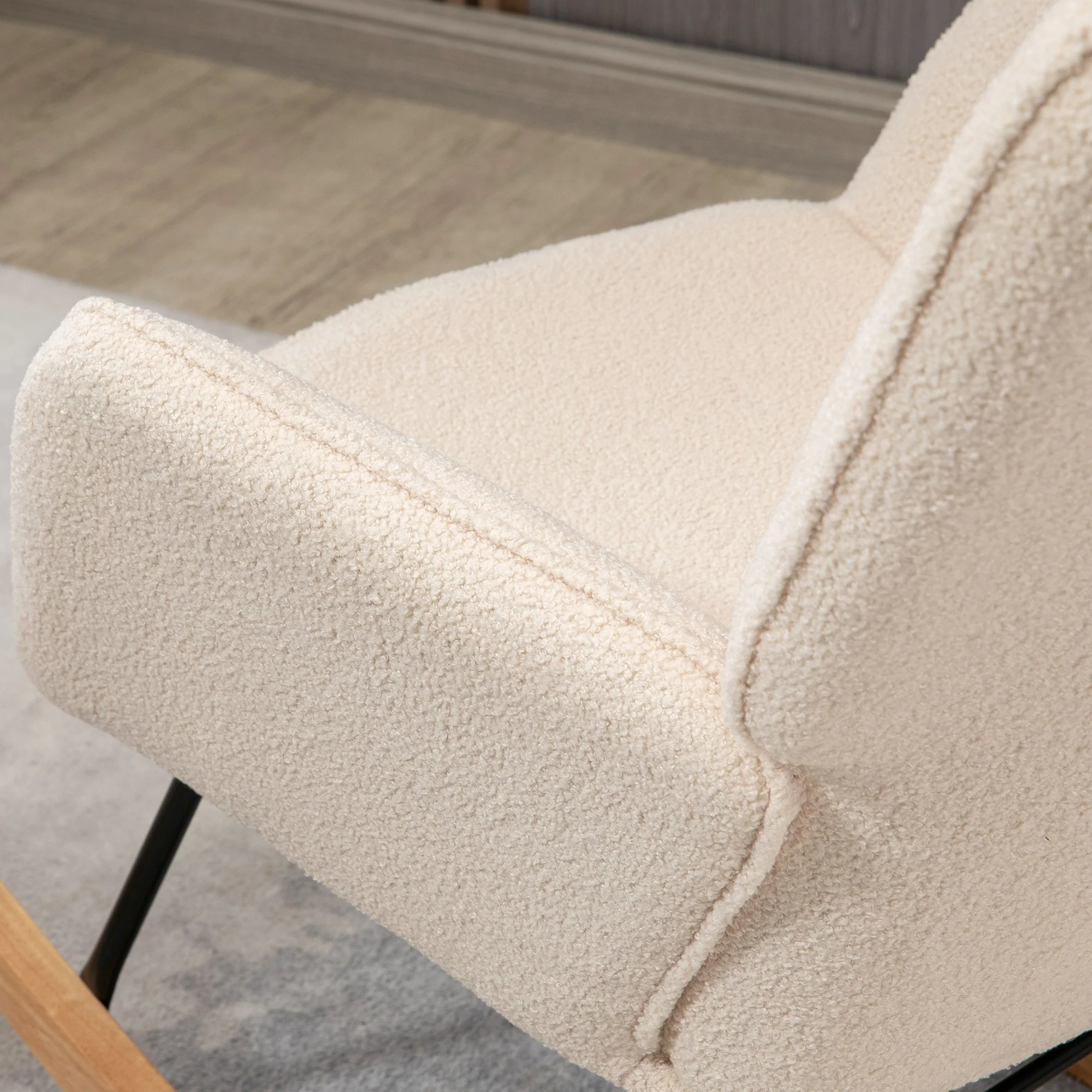 Fauteuil à bascule, rocking chair, revêtement bouclette, fauteuil allaitement, chaise à bascule, structure en acier, pieds en bois massif, beige - Image 10