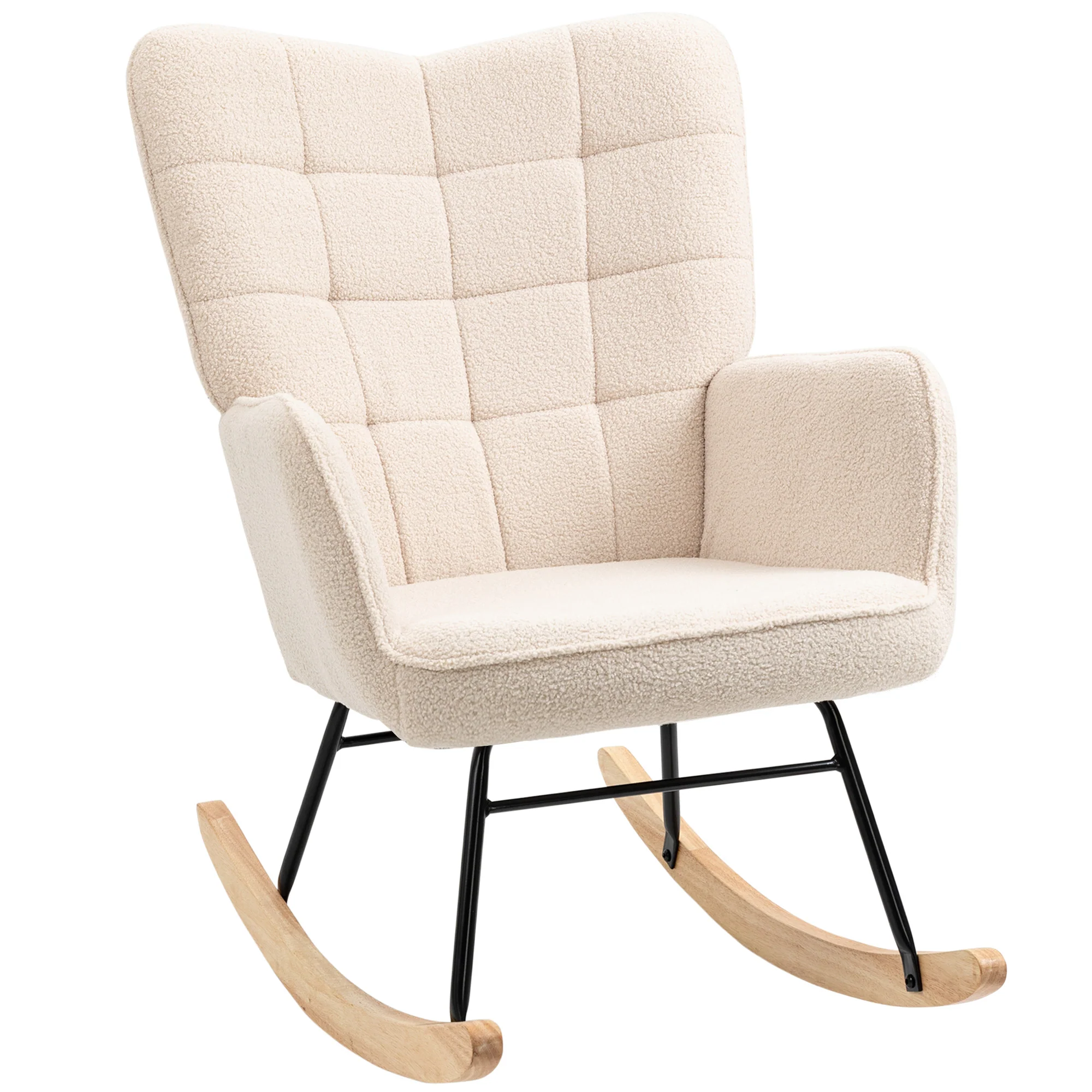 Fauteuil à bascule, rocking chair, revêtement bouclette, fauteuil allaitement, chaise à bascule, structure en acier, pieds en bois massif, beige - Image 11