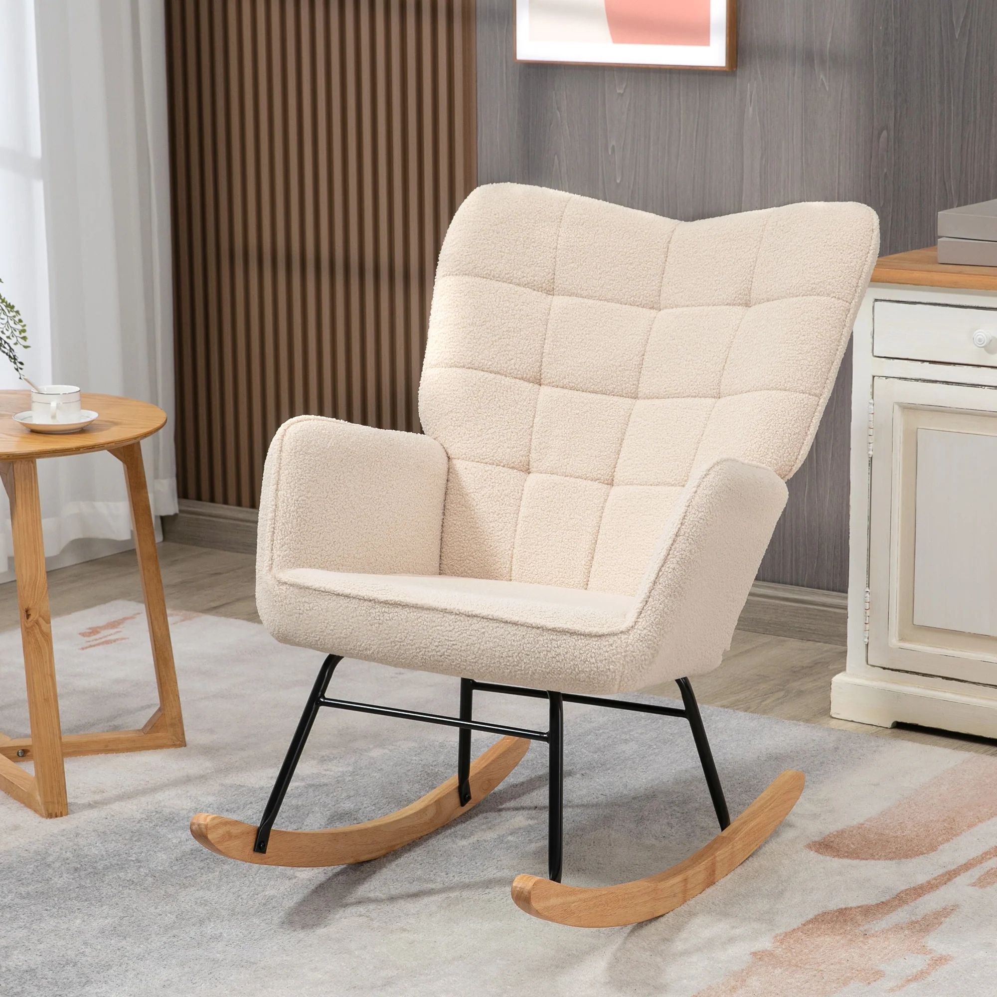 Fauteuil à bascule, rocking chair, revêtement bouclette, fauteuil allaitement, chaise à bascule, structure en acier, pieds en bois massif, beige - Image 3
